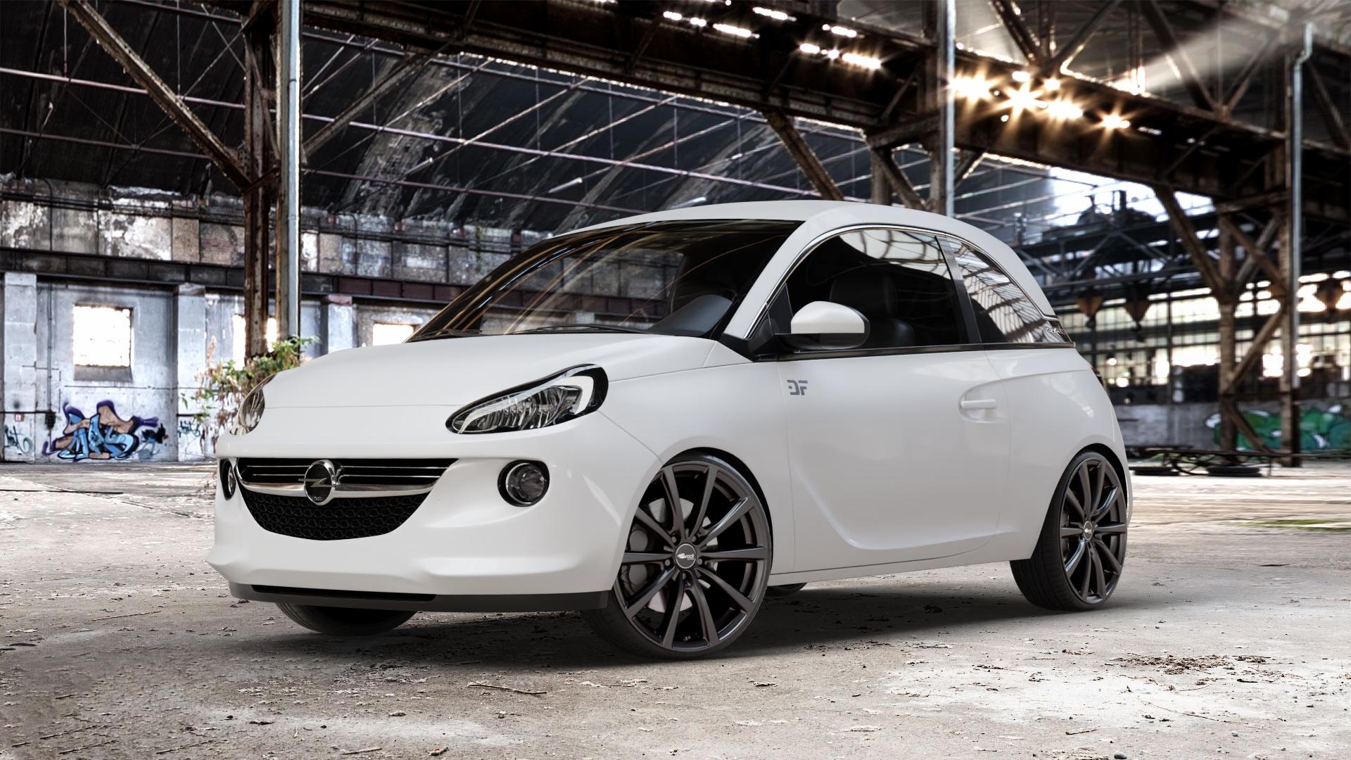 Brock B32 schwarz-matt lackiert Felge mit Reifen in 19Zoll Winterfelge Alufelge auf weissem Opel Adam ⬇️ mit 15mm Tieferlegung ⬇️ Old Industrial Hall_max_4400mm_2024 Frontansicht_1