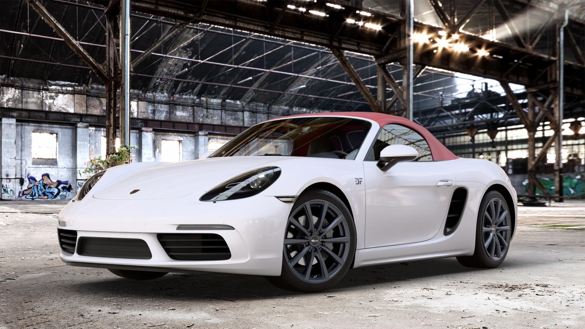Brock B32 schwarz-matt lackiert Felge mit Reifen in 19Zoll Winterfelge Alufelge auf weissem Porsche 718 Boxster Typ 982 ⬇️ mit 15mm Tieferlegung ⬇️ Old Industrial Hall_max_4400mm_2024 Frontansicht_1