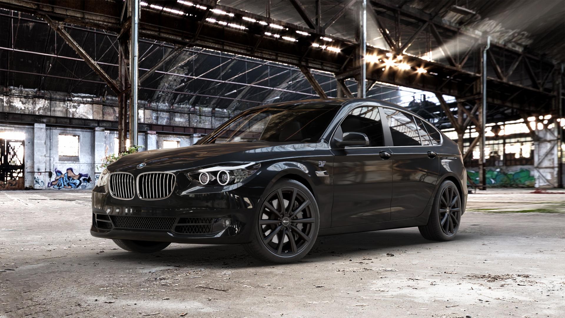 Brock B32 schwarz-matt lackiert Felge mit Reifen in 20Zoll Winterfelge Alufelge auf schwarzem BMW 535i GT Typ F07 xDrive 550i 530d 535d 520d 528i 5er Gran Turismo (GT, K-N1) ⬇️ mit 15mm Tieferlegung ⬇️ Old Industrial Hall_max_5300mm_2024 Frontansicht_1