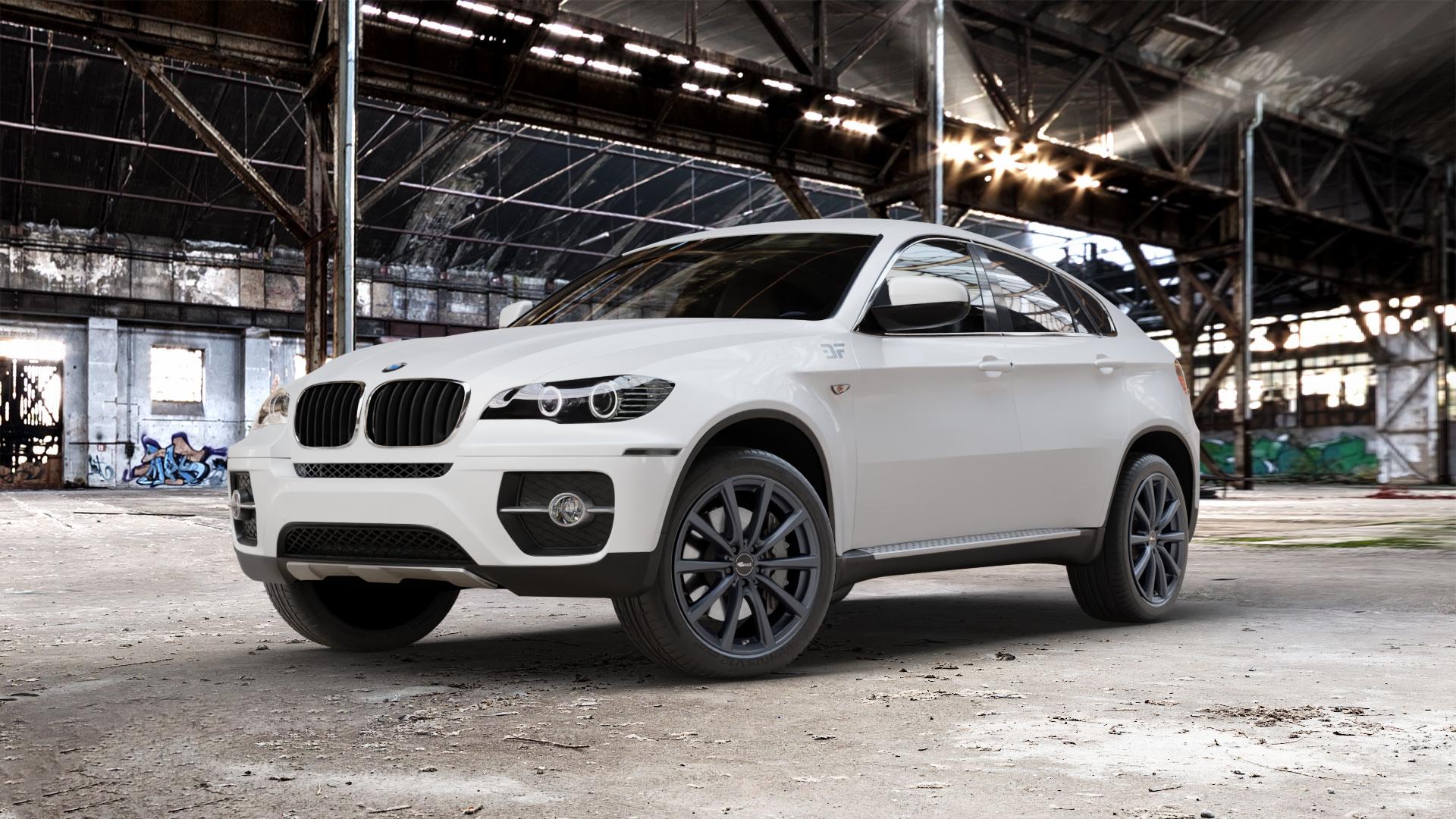 Brock B32 schwarz-matt lackiert Felge mit Reifen in 20Zoll Winterfelge Alufelge auf weissem BMW X6 Typ E71 (X70, X6, X-N1, HY) ⬇️ mit 15mm Tieferlegung ⬇️ Old Industrial Hall_max_5300mm_2024 Frontansicht_1