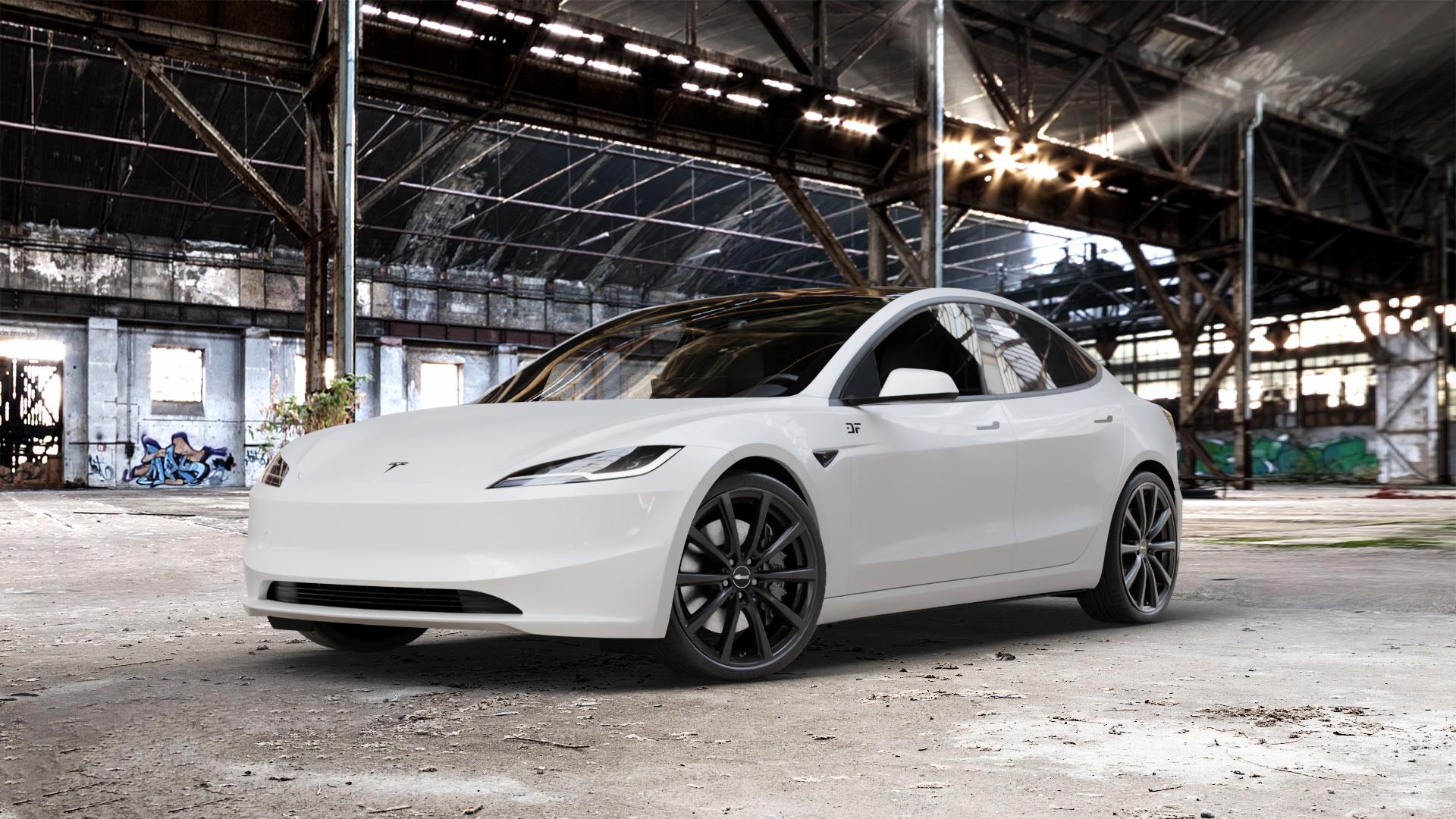 Brock B32 schwarz-matt lackiert Felge mit Reifen in 20Zoll Winterfelge Alufelge auf weissem Tesla Model 3 Typ 003 Facelift ⬇️ mit 15mm Tieferlegung ⬇️ Old Industrial Hall_max_5300mm_2024 Frontansicht_1