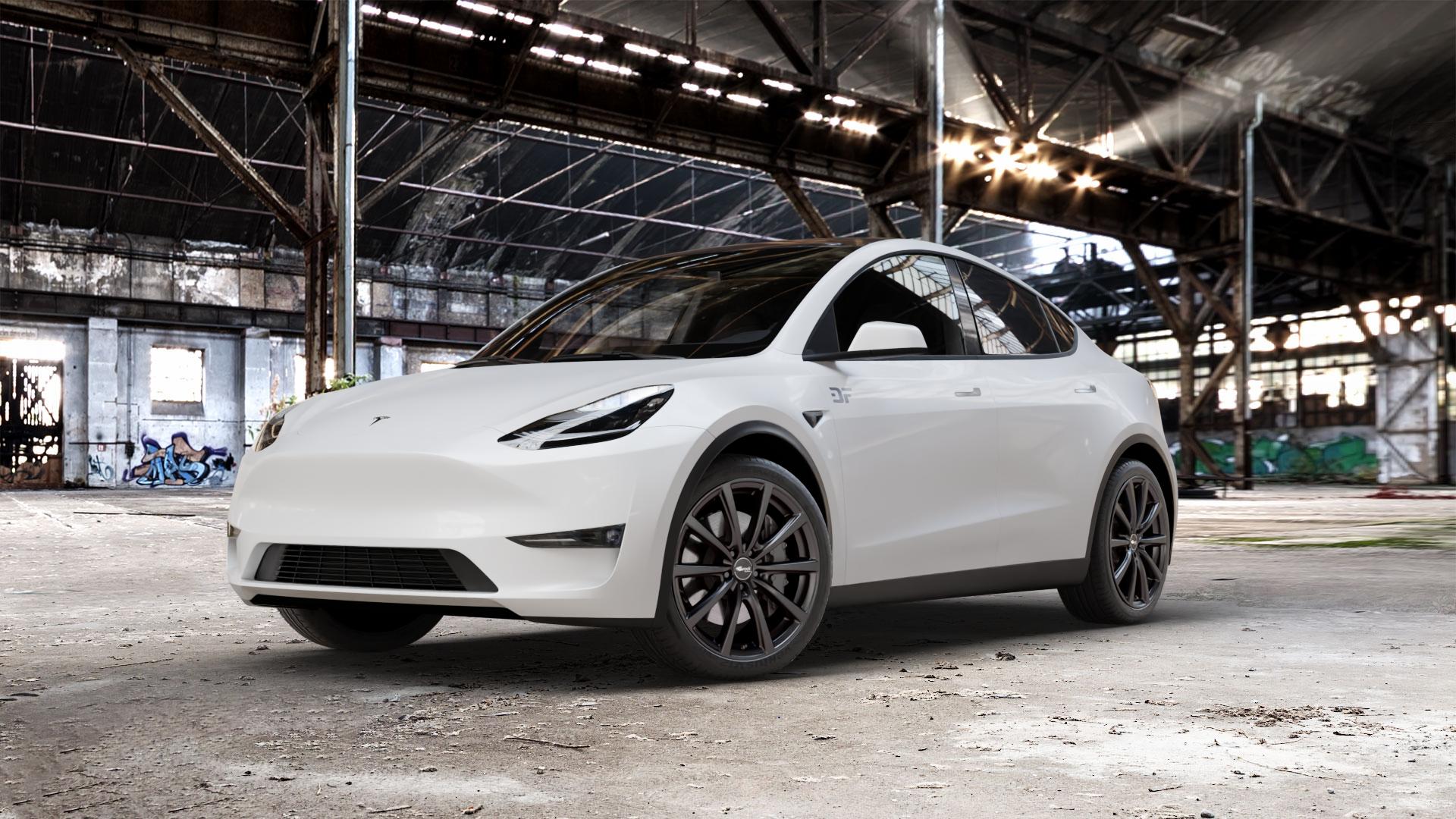 Brock B32 schwarz-matt lackiert Felge mit Reifen in 20Zoll Winterfelge Alufelge auf weissem Tesla Model Y Typ 003 003/005 ⬇️ mit 15mm Tieferlegung ⬇️ Old Industrial Hall_max_5300mm_2024 Frontansicht_1