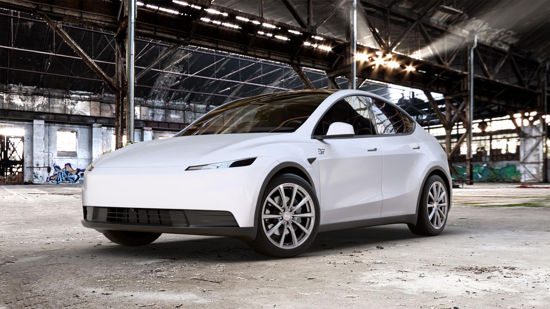 Brock B32 titan-metallic lackiert Felge mit Reifen in 19Zoll Winterfelge Alufelge auf weissem Tesla Model Y Typ 003 Juniper 0,0l Standard Range 114kW 2WD (155 PS) ⬇️ mit 15mm Tieferlegung ⬇️ Old Industrial Hall_max_5300mm_2024 Frontansicht_1