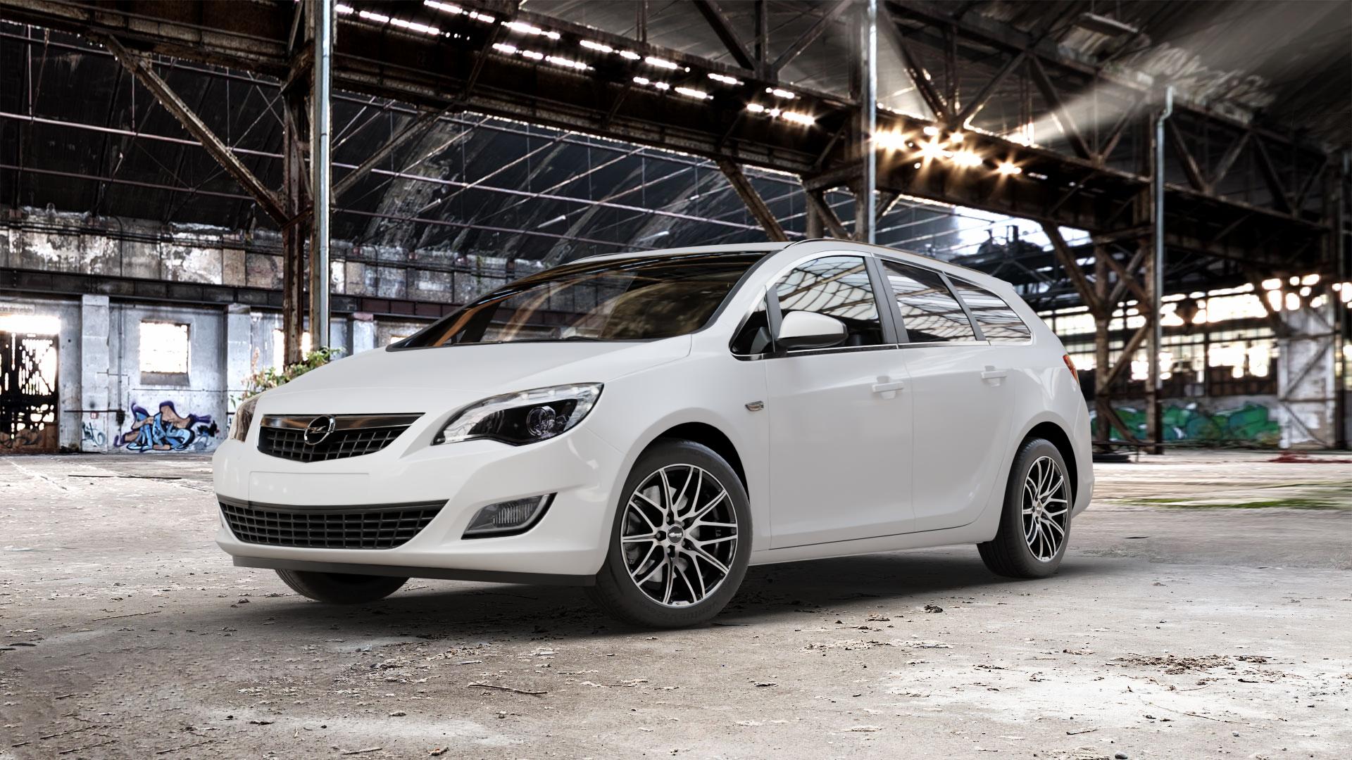 Brock B34 schwarz front-poliert Felge mit Reifen silber mehrfarbig in 17Zoll Alufelge auf weissem Opel Astra J Sports Tourer Typ P-J/SW Facelift ⬇️ mit 15mm Tieferlegung ⬇️ Old Industrial Hall_max_5300mm_2024 Frontansicht_1