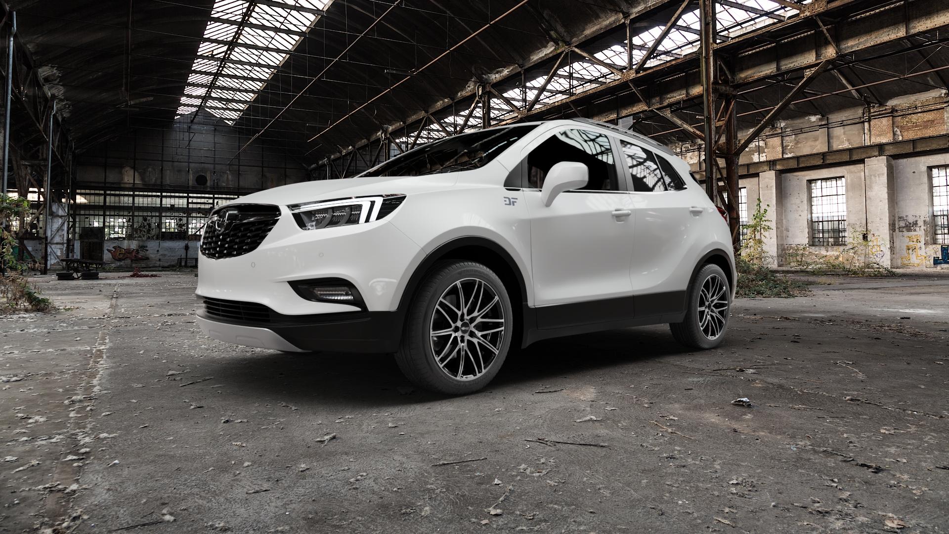 Brock B34 schwarz front-poliert Felge mit Reifen silber mehrfarbig in 18Zoll Alufelge auf weissem Opel Mokka X Typ J-A ⬇️ mit 15mm Tieferlegung ⬇️ Old Industrial Hall_max5000mm_2022 Frontansicht_1