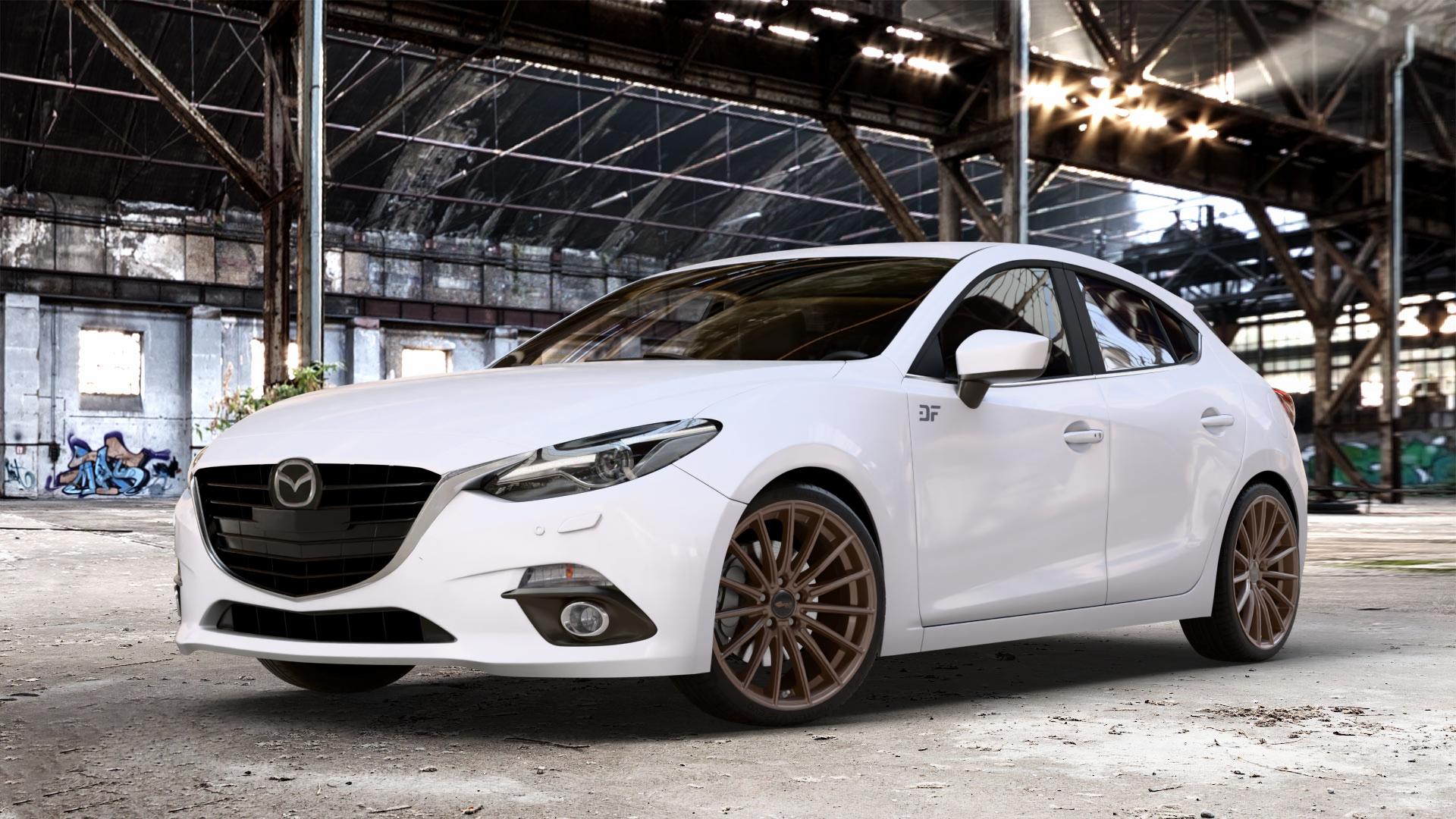 Brock B36 bronze-copper matt-lackiert Felge mit Reifen in 19Zoll Winterfelge Alufelge auf weissem Mazda 3 (13-) Stufenheck (BM) Sport (17-) Facelift Fließheck ⬇️ mit 15mm Tieferlegung ⬇️ Old Industrial Hall_max_4400mm_2024 Frontansicht_1