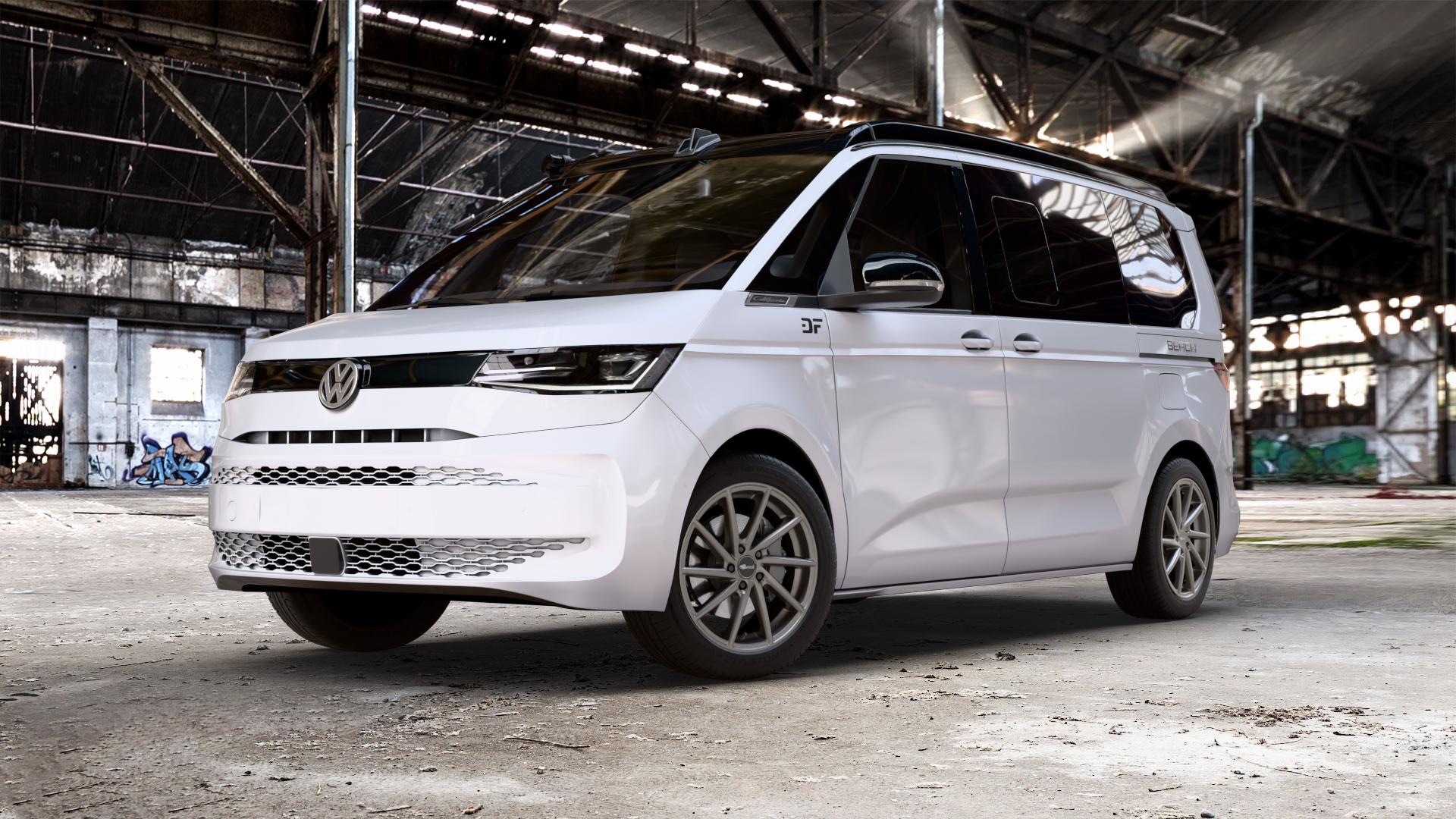 Brock B37 dark-sparkle lackiert Felge mit Reifen grau anthrazit in 19Zoll Winterfelge Alufelge auf weissem und schwarzem Volkswagen (VW) T7 California 1,5l TSI eHybrid 130kW (177 PS) ⬇️ mit 15mm Tieferlegung ⬇️ Old Industrial Hall_max_5300mm_2024 Frontansicht_1