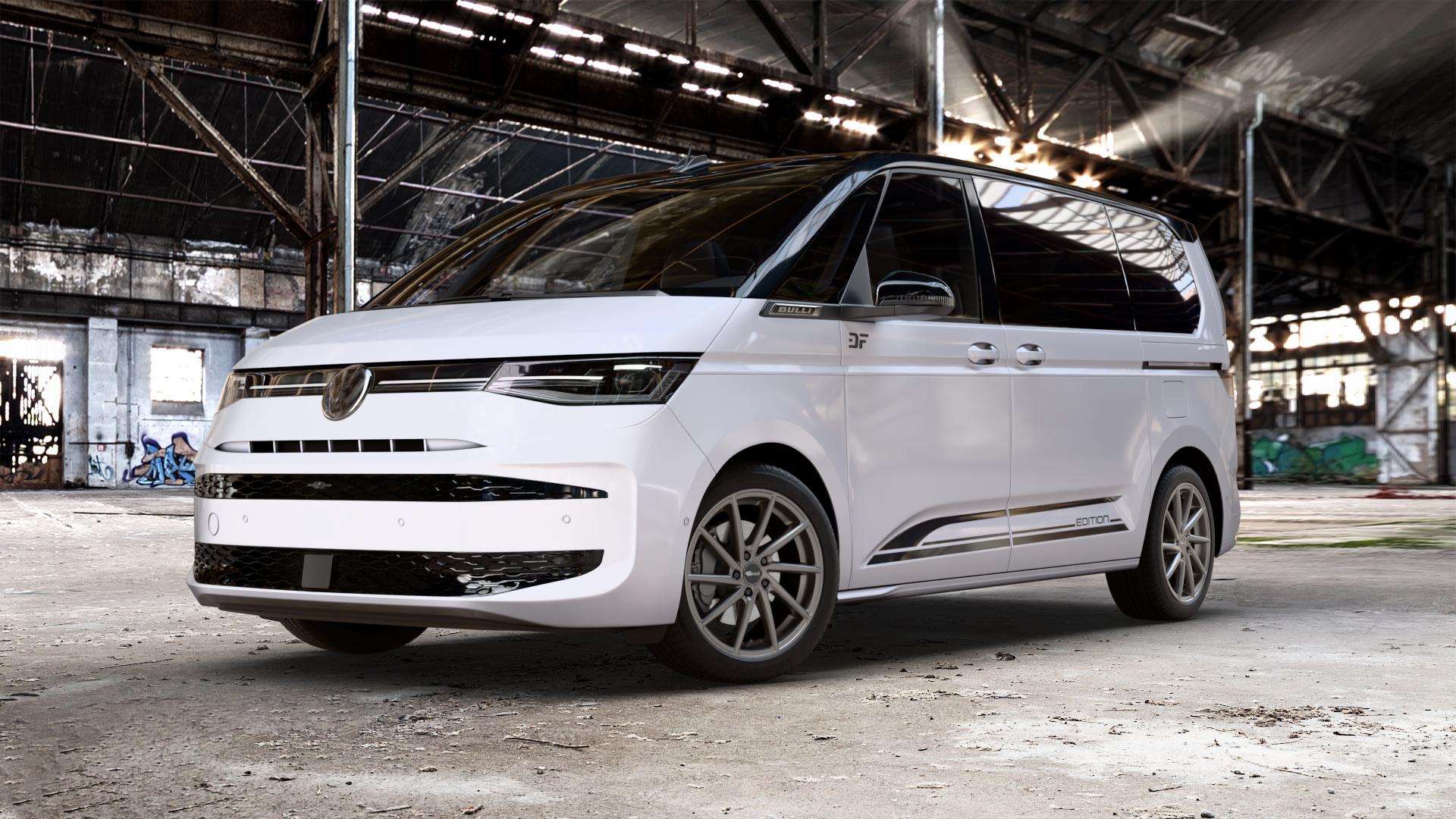 Brock B37 dark-sparkle lackiert Felge mit Reifen grau anthrazit in 19Zoll Winterfelge Alufelge auf weissem und schwarzem Volkswagen (VW) T7 Multivan Bus ⬇️ mit 15mm Tieferlegung ⬇️ Old Industrial Hall_max_5300mm_2024 Frontansicht_1