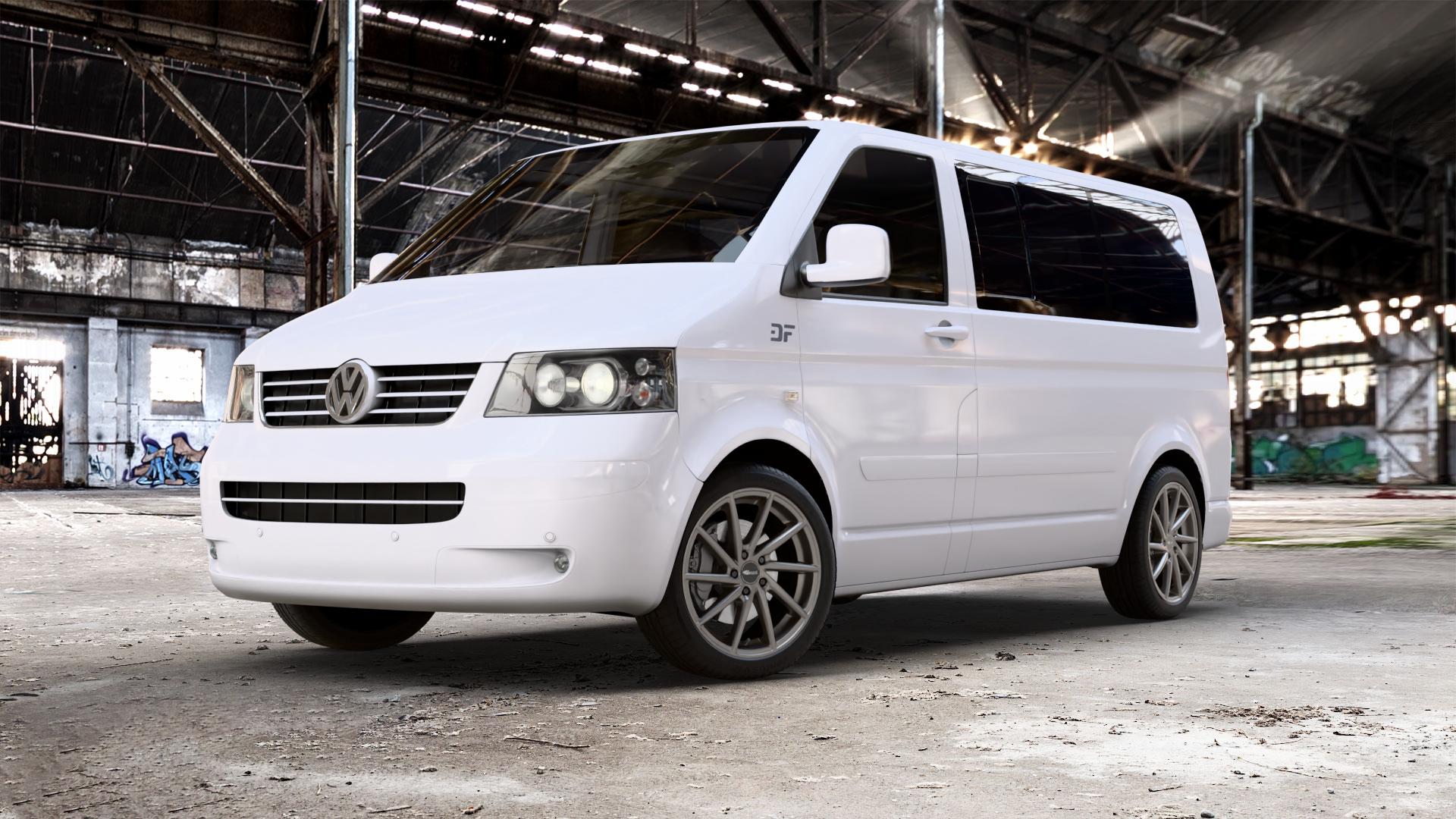 Brock B37 dark-sparkle lackiert Felge mit Reifen grau anthrazit in 19Zoll Winterfelge Alufelge auf weissem Volkswagen (VW) T5 Business Caravelle Kombi Multivan ⬇️ mit 15mm Tieferlegung ⬇️ Old Industrial Hall_max_5300mm_2024 Frontansicht_1