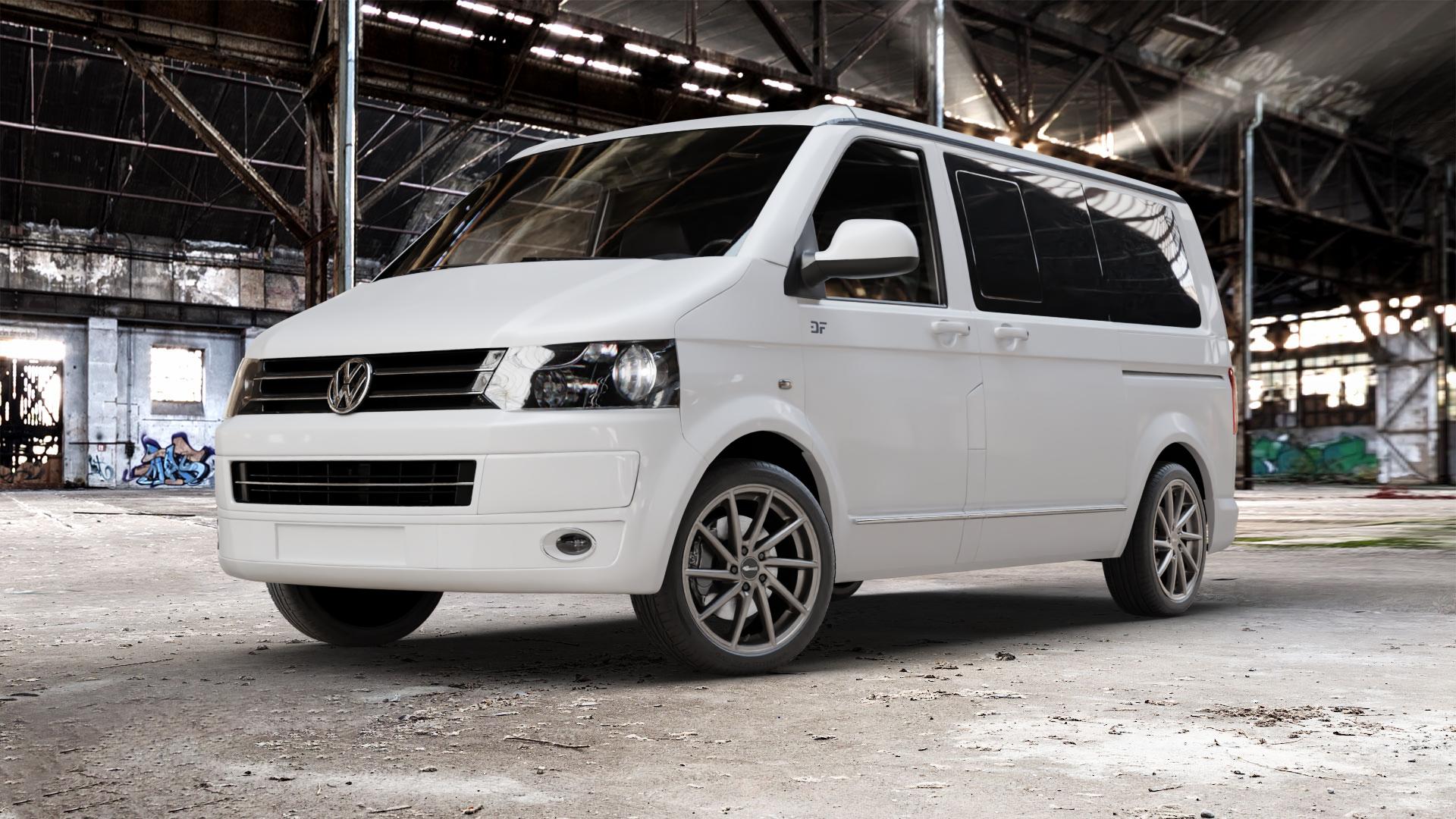 Brock B37 dark-sparkle lackiert Felge mit Reifen grau anthrazit in 19Zoll Winterfelge Alufelge auf weissem Volkswagen (VW) T5 California ⬇️ mit 15mm Tieferlegung ⬇️ Old Industrial Hall_max_5300mm_2024 Frontansicht_1