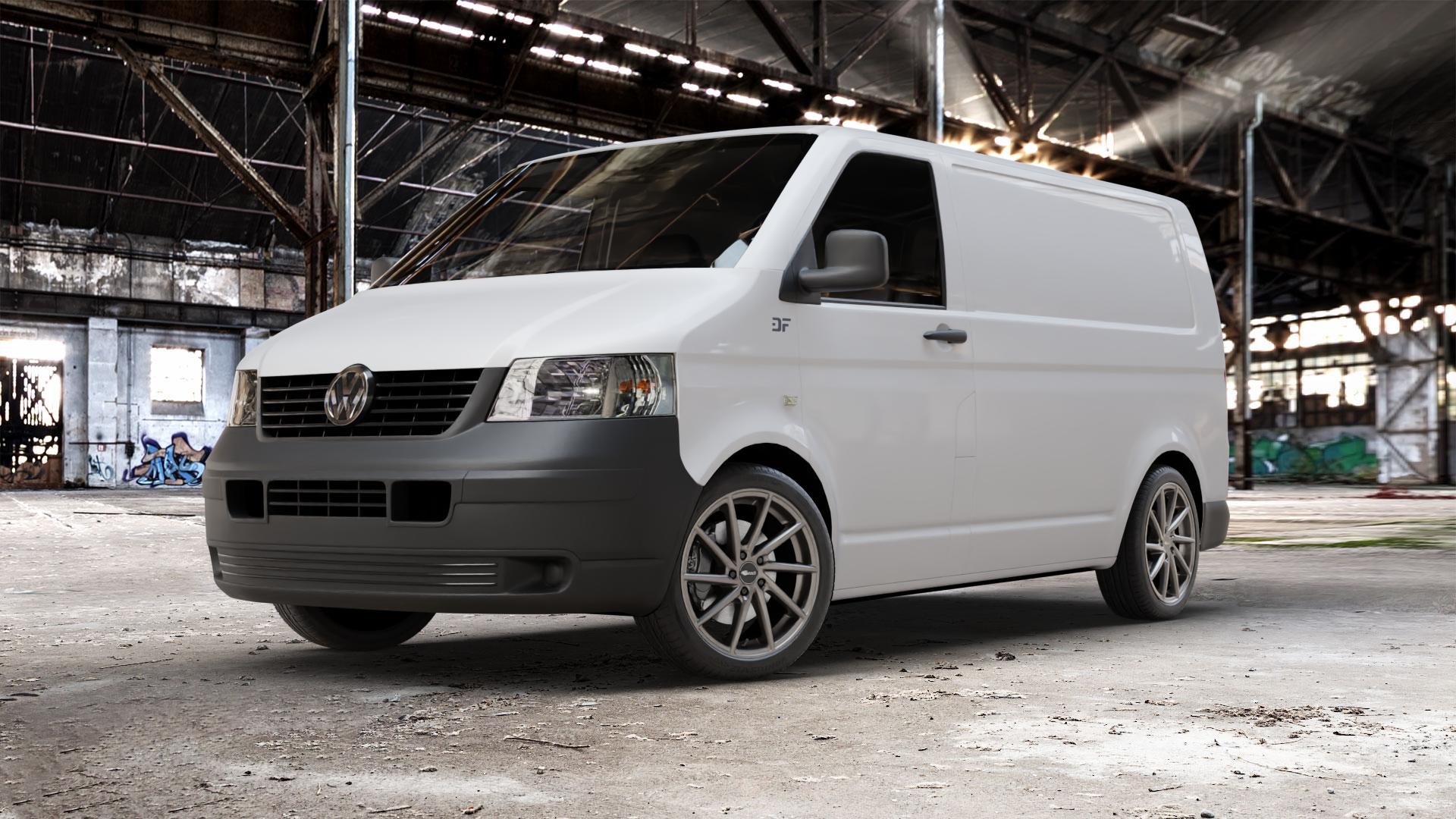 Brock B37 dark-sparkle lackiert Felge mit Reifen grau anthrazit in 19Zoll Winterfelge Alufelge auf weissem Volkswagen (VW) T5 Kastenwagen ⬇️ mit 15mm Tieferlegung ⬇️ Old Industrial Hall_max_5300mm_2024 Frontansicht_1