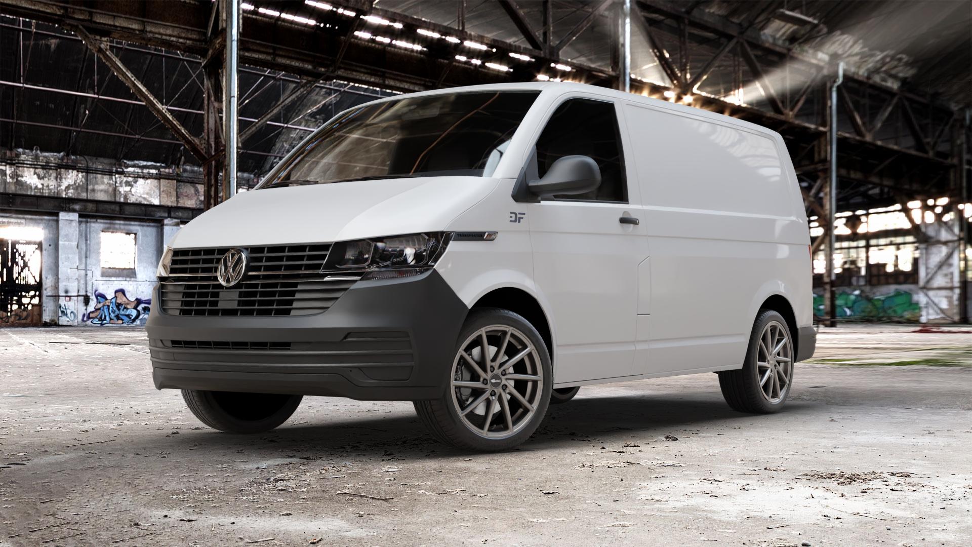Brock B37 dark-sparkle lackiert Felge mit Reifen grau anthrazit in 19Zoll Winterfelge Alufelge auf weissem Volkswagen (VW) T6.1 Kastenwagen ⬇️ mit 15mm Tieferlegung ⬇️ Old Industrial Hall_max_5300mm_2024 Frontansicht_1