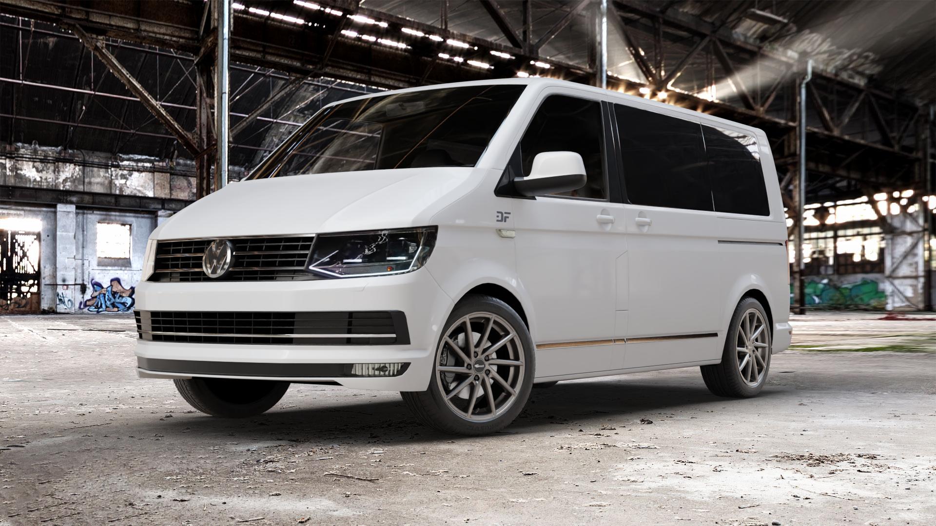 Brock B37 dark-sparkle lackiert Felge mit Reifen grau anthrazit in 19Zoll Winterfelge Alufelge auf weissem Volkswagen (VW) T6 Kombi Multivan Caravelle ⬇️ mit 15mm Tieferlegung ⬇️ Old Industrial Hall_max_5300mm_2024 Frontansicht_1