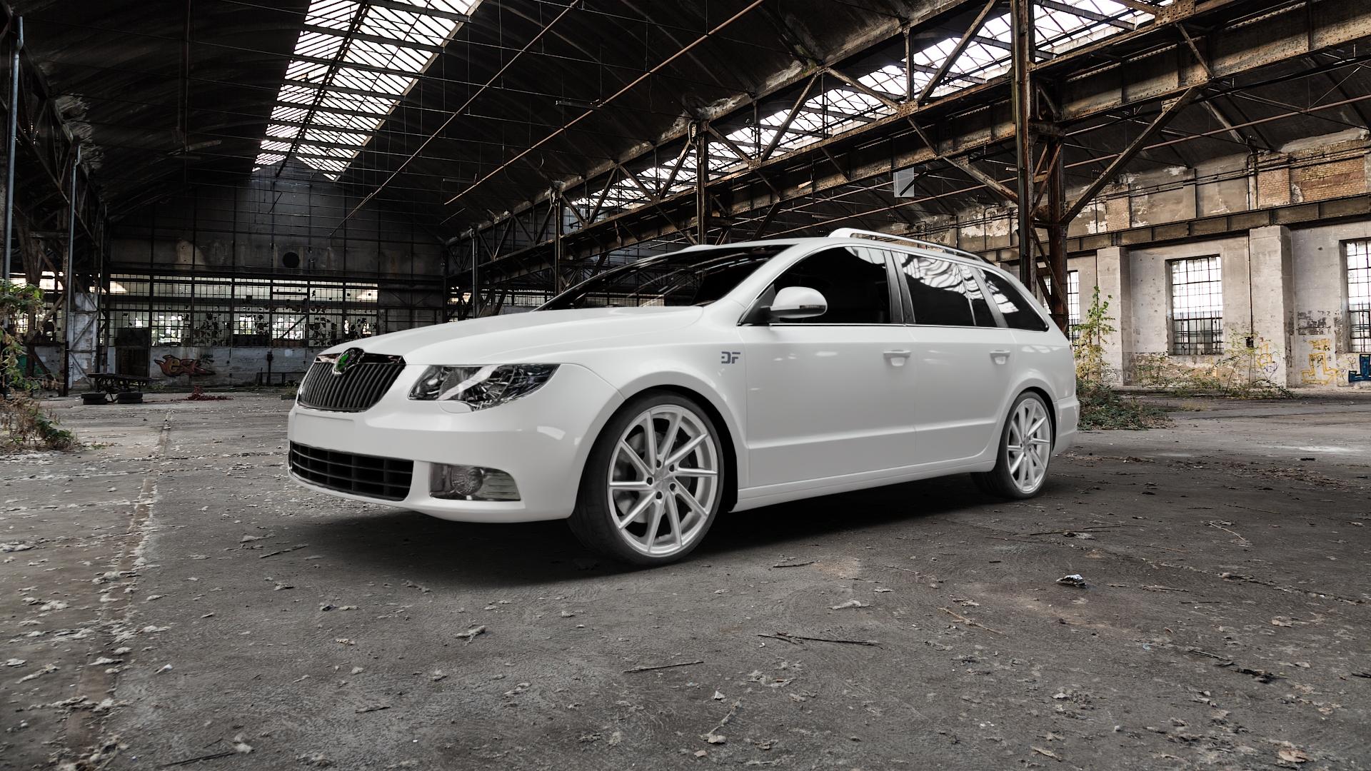 Brock B37 kristallsilber front-poliert Felge mit Reifen in 19Zoll Alufelge auf weissem Skoda Superb II Typ 3T Kombi ⬇️ mit 15mm Tieferlegung ⬇️ Old Industrial Hall_max5000mm_2022 Frontansicht_1