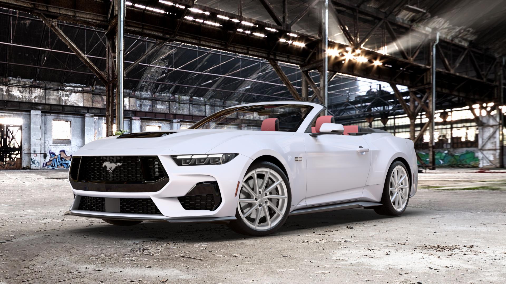 Brock B37 kristallsilber front-poliert Felge mit Reifen in 20Zoll Alufelge auf weißem Ford Mustang VII Cabrio Typ LAE ⬇️ mit 15mm Tieferlegung ⬇️ Old Industrial Hall_max_5300mm_2024 Frontansicht_1