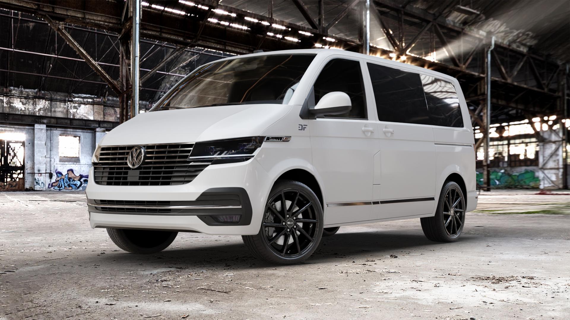 Brock B37 schwarz lackiert Felge mit Reifen in 20Zoll Winterfelge Alufelge auf weissem Volkswagen (VW) T6.1 Kombi Multivan ⬇️ mit 15mm Tieferlegung ⬇️ Old Industrial Hall_max_5300mm_2024 Frontansicht_1