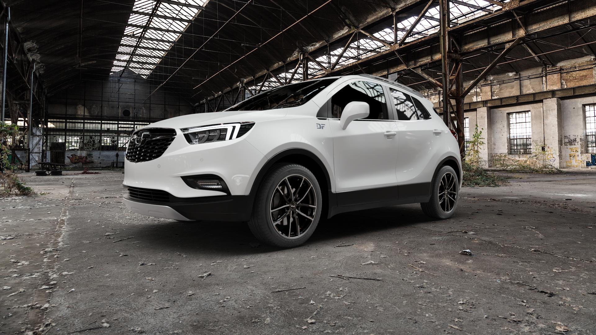 Brock B38 schwarz front-poliert Felge mit Reifen silber mehrfarbig in 18Zoll Alufelge auf weissem Opel Mokka X Typ J-A ⬇️ mit 15mm Tieferlegung ⬇️ Old Industrial Hall_max5000mm_2022 Frontansicht_1