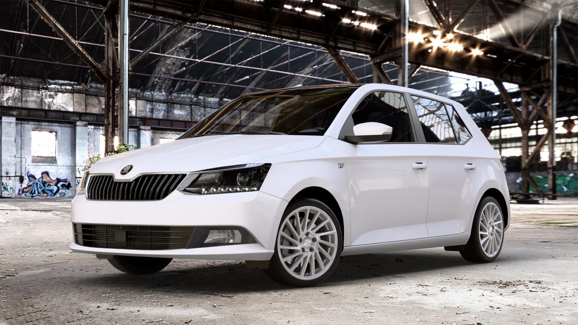 Brock B39 ferric-grey front-poliert Felge mit Reifen grau silber mehrfarbig in 17Zoll Alufelge auf weissem Skoda Fabia III Typ 5J ⬇️ mit 15mm Tieferlegung ⬇️ Old Industrial Hall_max_4400mm_2024 Frontansicht_1