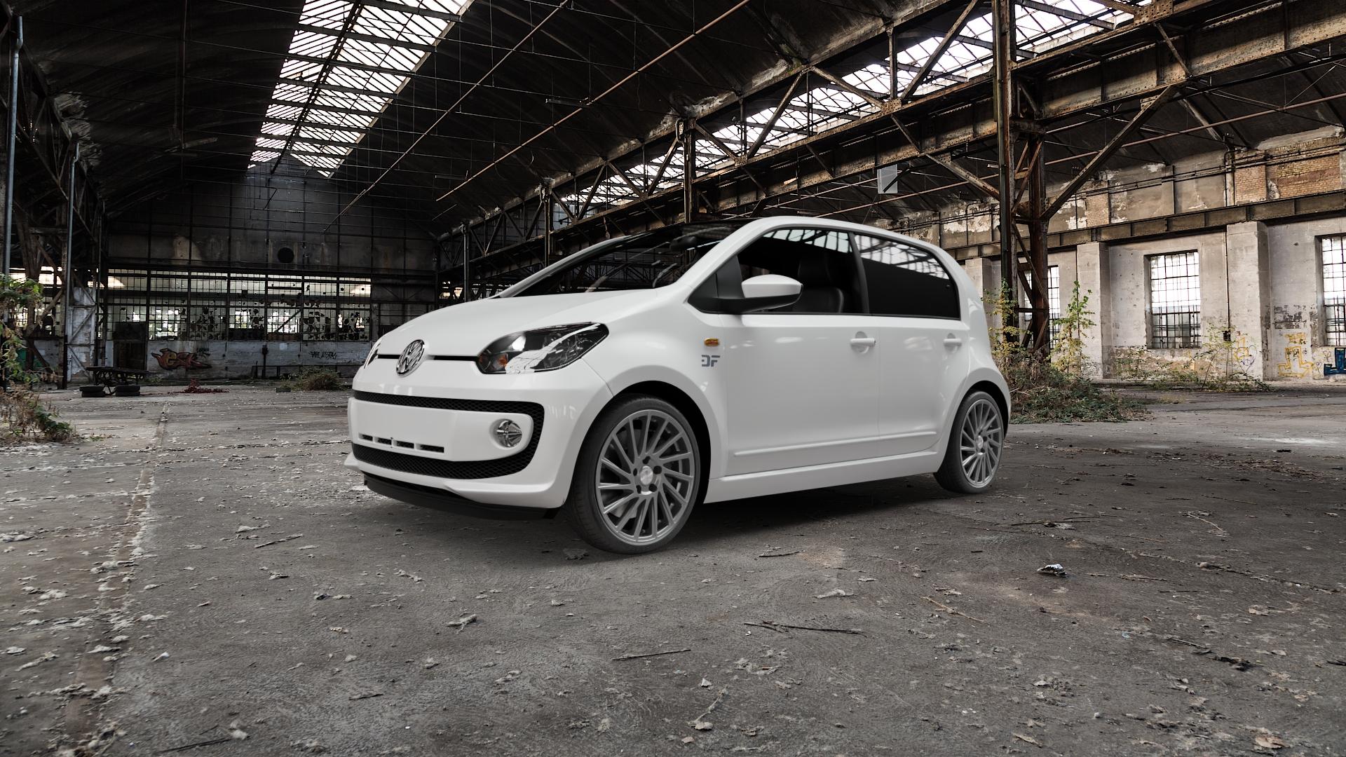 Brock B39 himalaya-grey-matt lackiert Felge mit Reifen grau in 17Zoll Winterfelge Alufelge auf weissem Volkswagen (VW) UP ⬇️ mit 15mm Tieferlegung ⬇️ Old Industrial Hall_max5000mm_2022 Frontansicht_1