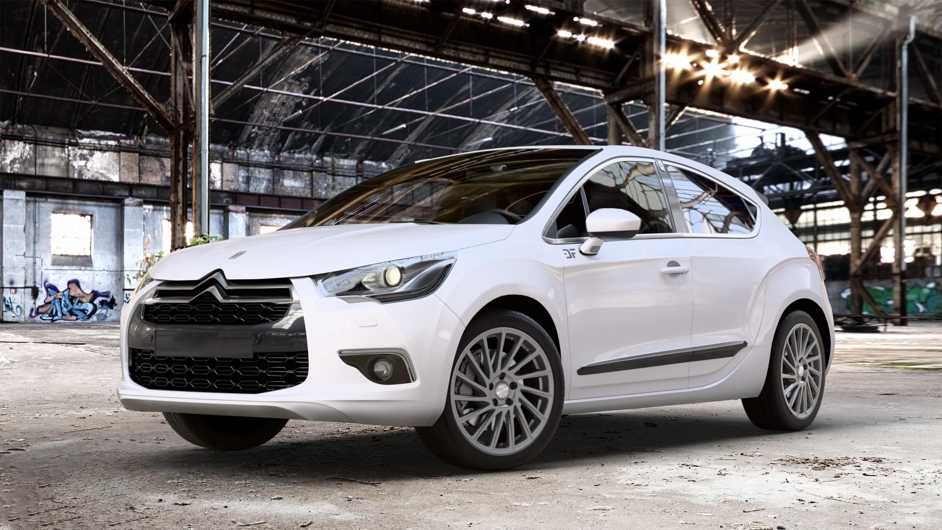 Brock B39 himalaya-grey-matt lackiert Felge mit Reifen grau in 18Zoll Winterfelge Alufelge auf weissem Citroen DS4 Typ N DS Automobiles I ⬇️ mit 15mm Tieferlegung ⬇️ Old Industrial Hall_max_4400mm_2024 Frontansicht_1
