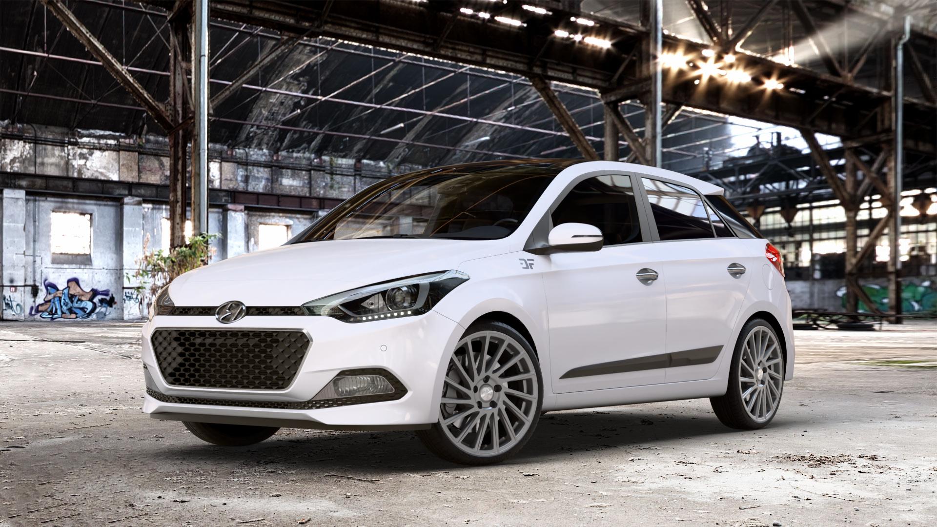 Brock B39 himalaya-grey-matt lackiert Felge mit Reifen grau in 18Zoll Winterfelge Alufelge auf weissem Hyundai i20 Typ GB Coupe Facelift ⬇️ mit 15mm Tieferlegung ⬇️ Old Industrial Hall_max_4400mm_2024 Frontansicht_1