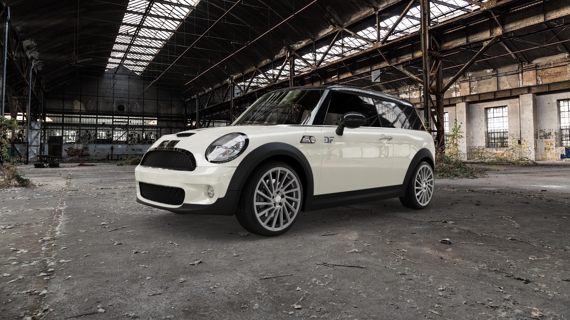 Brock B39 himalaya-grey-matt lackiert Felge mit Reifen grau in 19Zoll Winterfelge Alufelge auf weissem Mini R55 Typ UKL-K (Clubman) MINI-N ⬇️ mit 15mm Tieferlegung ⬇️ Old Industrial Hall_max5000mm_2022 Frontansicht_1