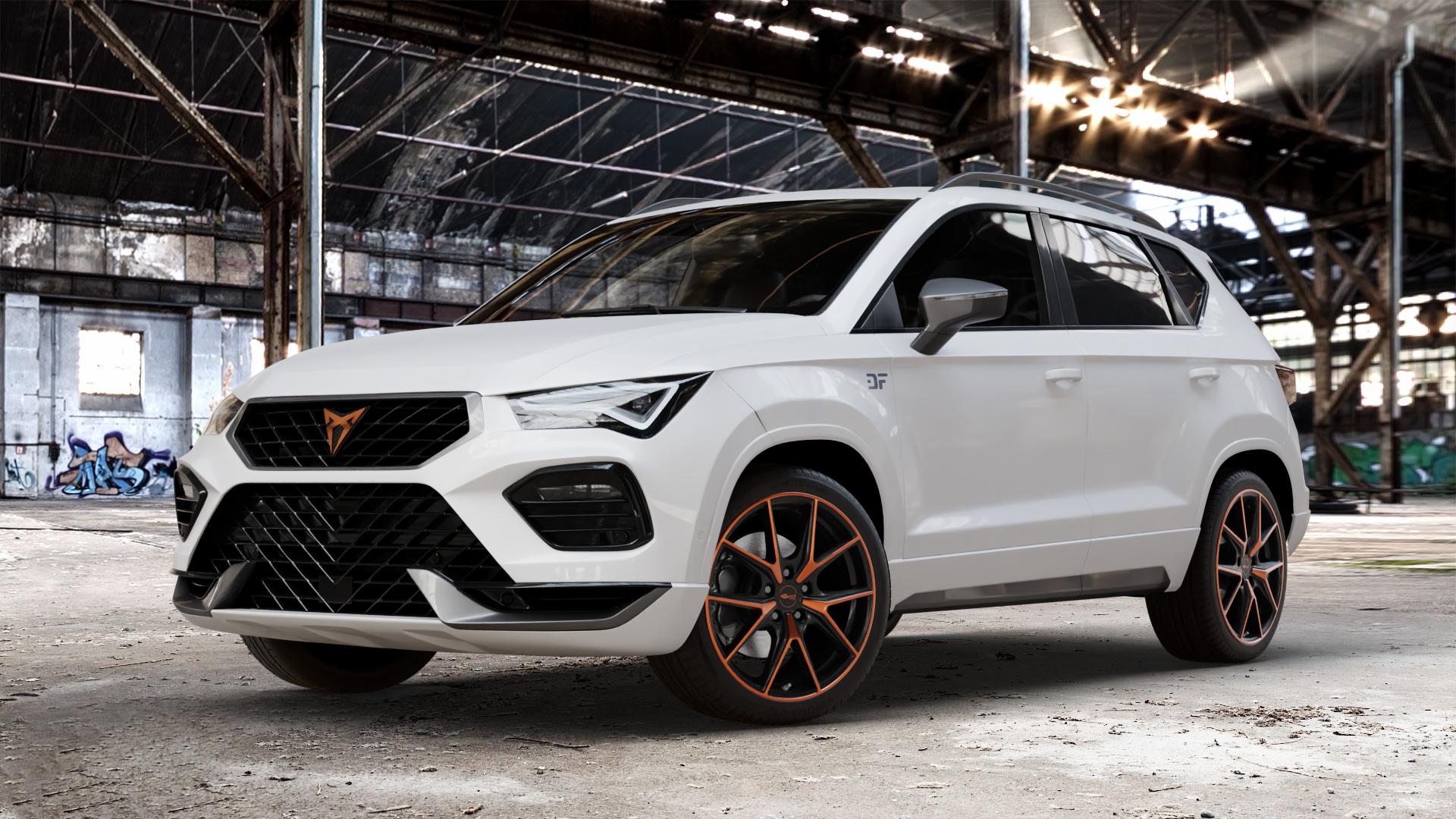 Brock B40 black-orange matt-lackiert Felge mit Reifen schwarz mehrfarbig in 19Zoll Alufelge auf weissem Cupra Ateca Typ 5FP Facelift ⬇️ mit 15mm Tieferlegung ⬇️ Old Industrial Hall_max_4400mm_2024 Frontansicht_1