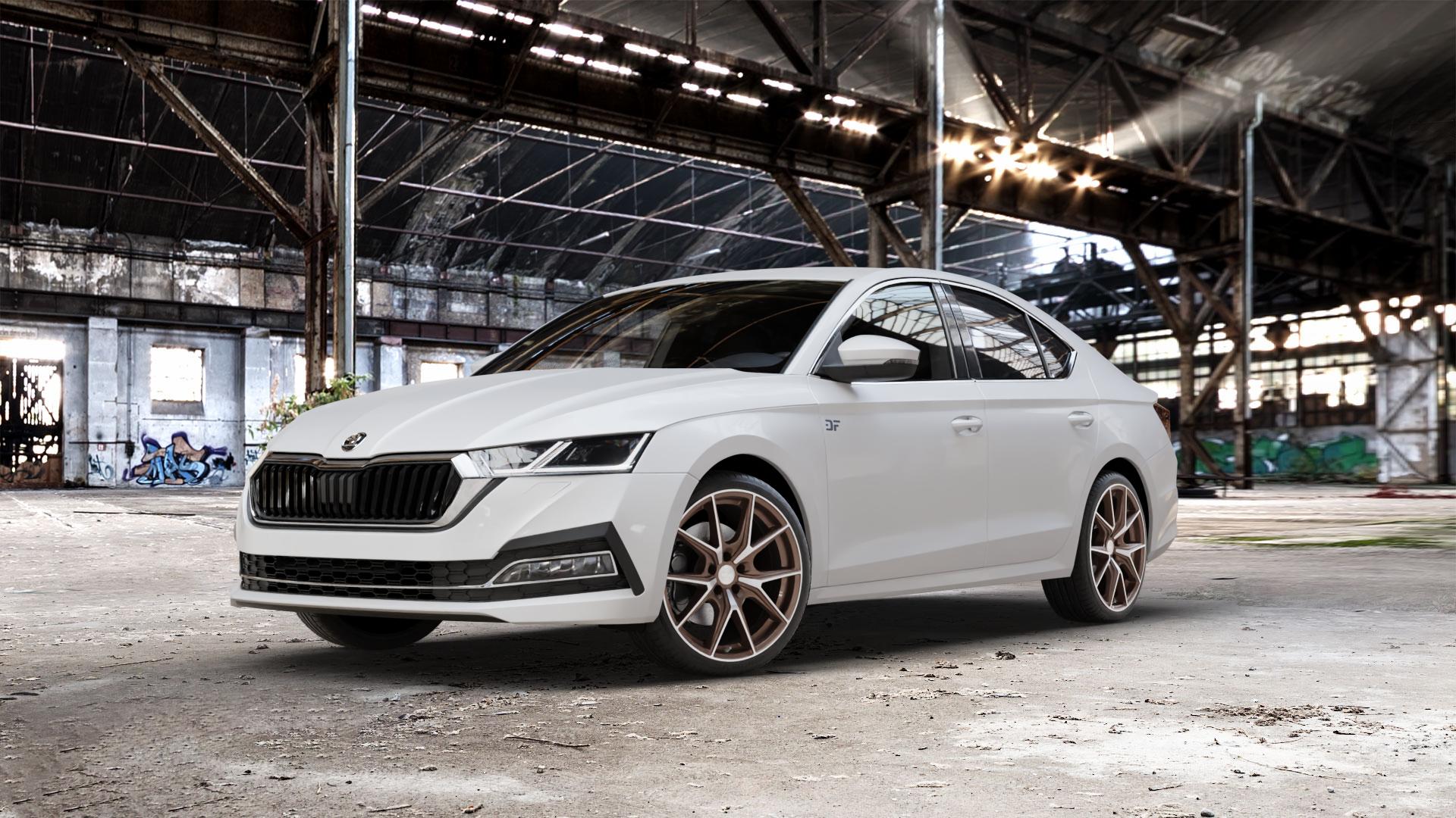 Brock B40 bronze-copper front-poliert Felge mit Reifen silber mehrfarbig in 19Zoll Winterfelge Alufelge auf weissem Skoda Octavia IV Limousine Typ NX 1,5l TSI 110kW (150 PS) 2,0l TDI 85kW (116 1,0l 81kW (110 Mild-Hybrid 1,4l Hybrid CNG 96kW (131 4x4 ⬇️ mit 15mm Tieferlegung ⬇️ Old Industrial Hall_max_5300mm_2024 Frontansicht_1