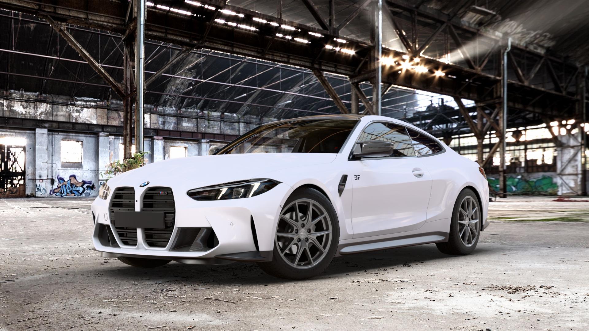 Brock B40 ferric-grey matt-lackiert Felge mit Reifen grau in 19Zoll Winterfelge Alufelge auf weissem BMW M4 Typ G82 (Coupe) Facelift 3,0l 390kW Competition xDrive (530 PS) CS 405kW (551 353kW (480 375kW (510 ⬇️ mit 15mm Tieferlegung ⬇️ Old Industrial Hall_max_5300mm_2024 Frontansicht_1
