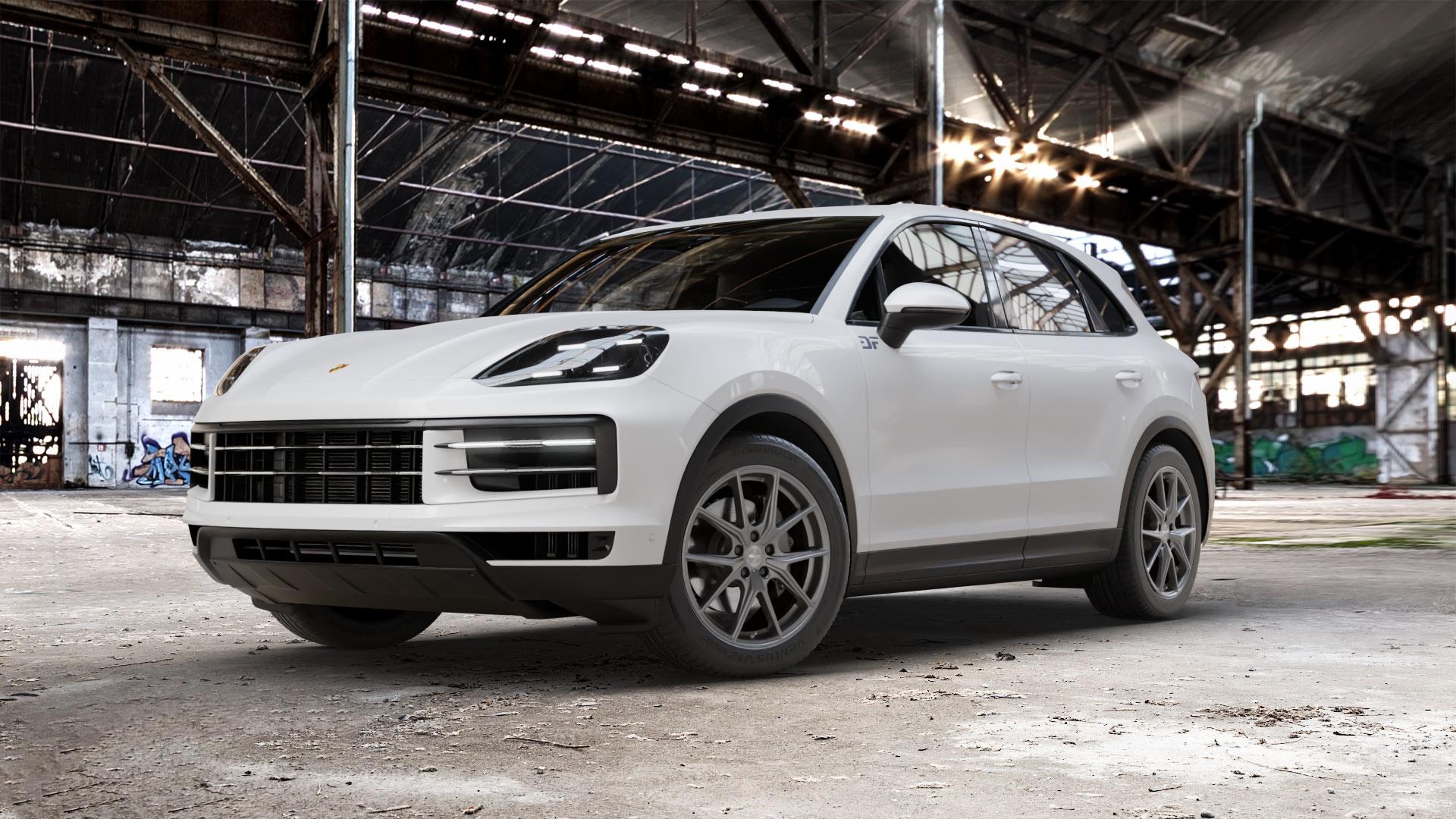 Brock B40 ferric-grey matt-lackiert Felge mit Reifen grau in 20Zoll Winterfelge Alufelge auf weissem Porsche Cayenne III Typ 9YA Facelift ⬇️ mit 15mm Tieferlegung ⬇️ Old Industrial Hall_max_5300mm_2024 Frontansicht_1