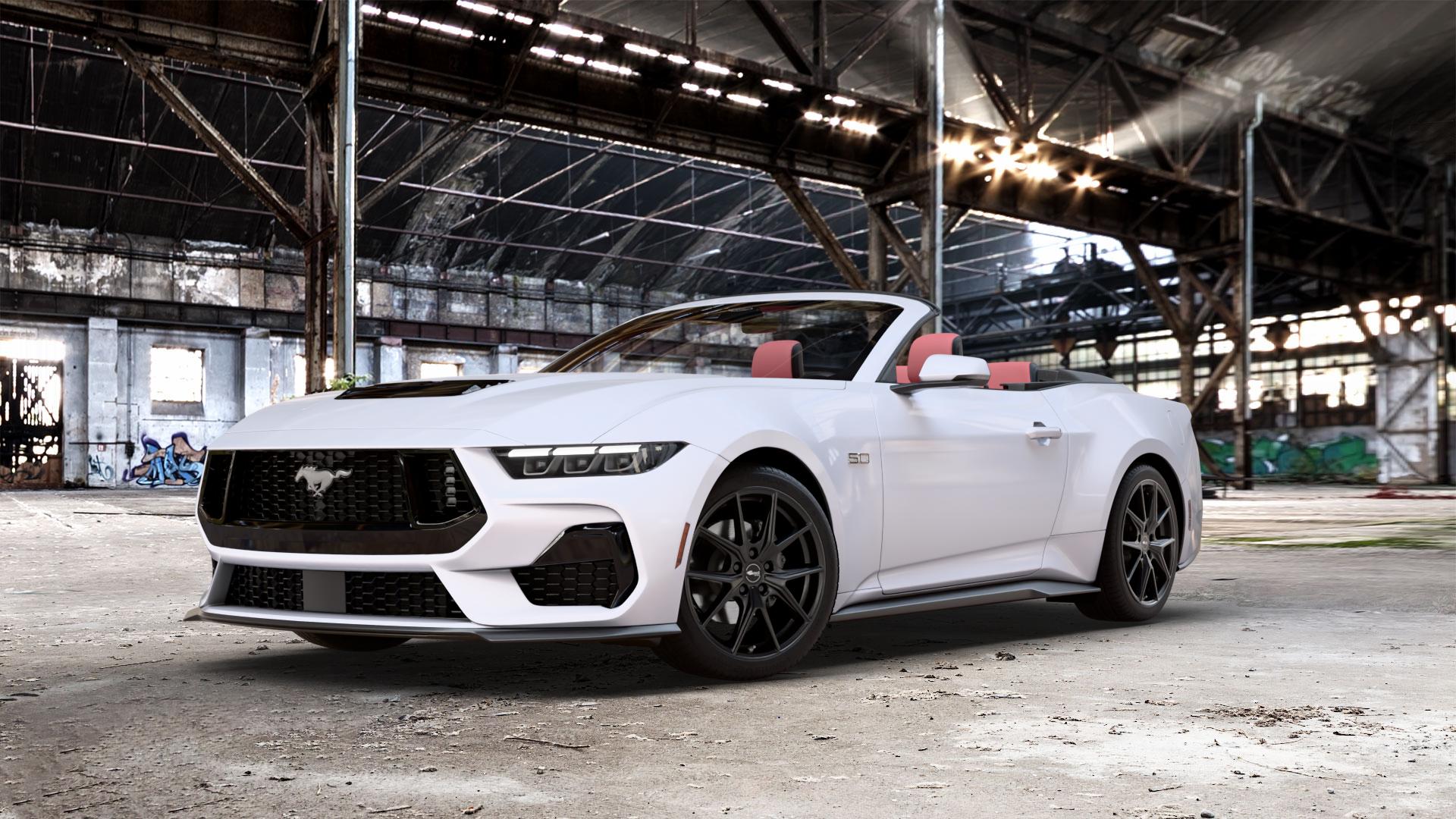 Brock B40 satin-black matt-lackiert Felge mit Reifen schwarz in 19Zoll Winterfelge Alufelge auf weißem Ford Mustang VII Cabrio Typ LAE ⬇️ mit 15mm Tieferlegung ⬇️ Old Industrial Hall_max_5300mm_2024 Frontansicht_1