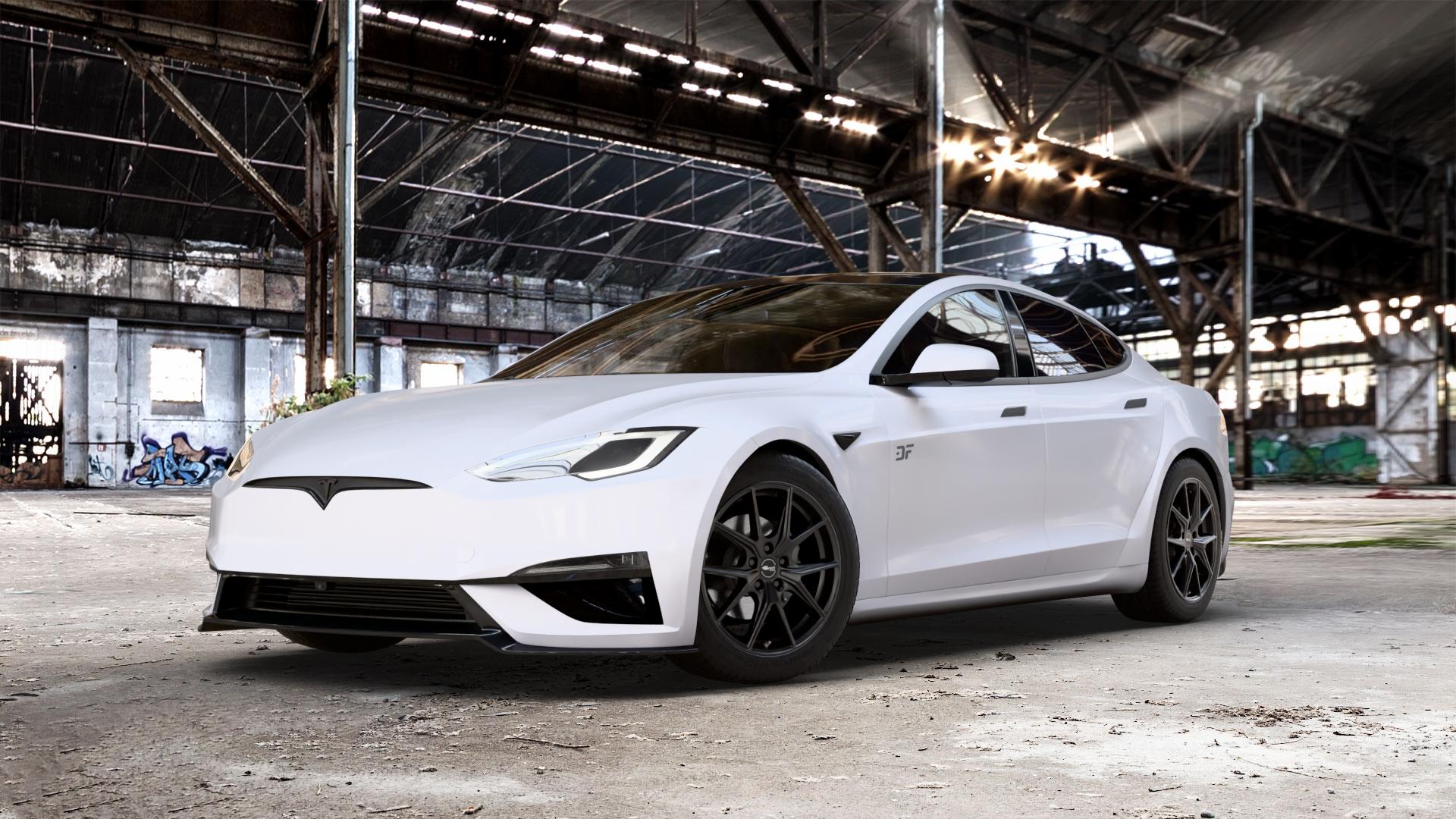 Brock B40 satin-black matt-lackiert Felge mit Reifen schwarz in 19Zoll Winterfelge Alufelge auf weissem Tesla Model S Typ 006 0,0l 357kW Plaid AWD (485 PS) ⬇️ mit 15mm Tieferlegung ⬇️ Old Industrial Hall_max_5300mm_2024 Frontansicht_1