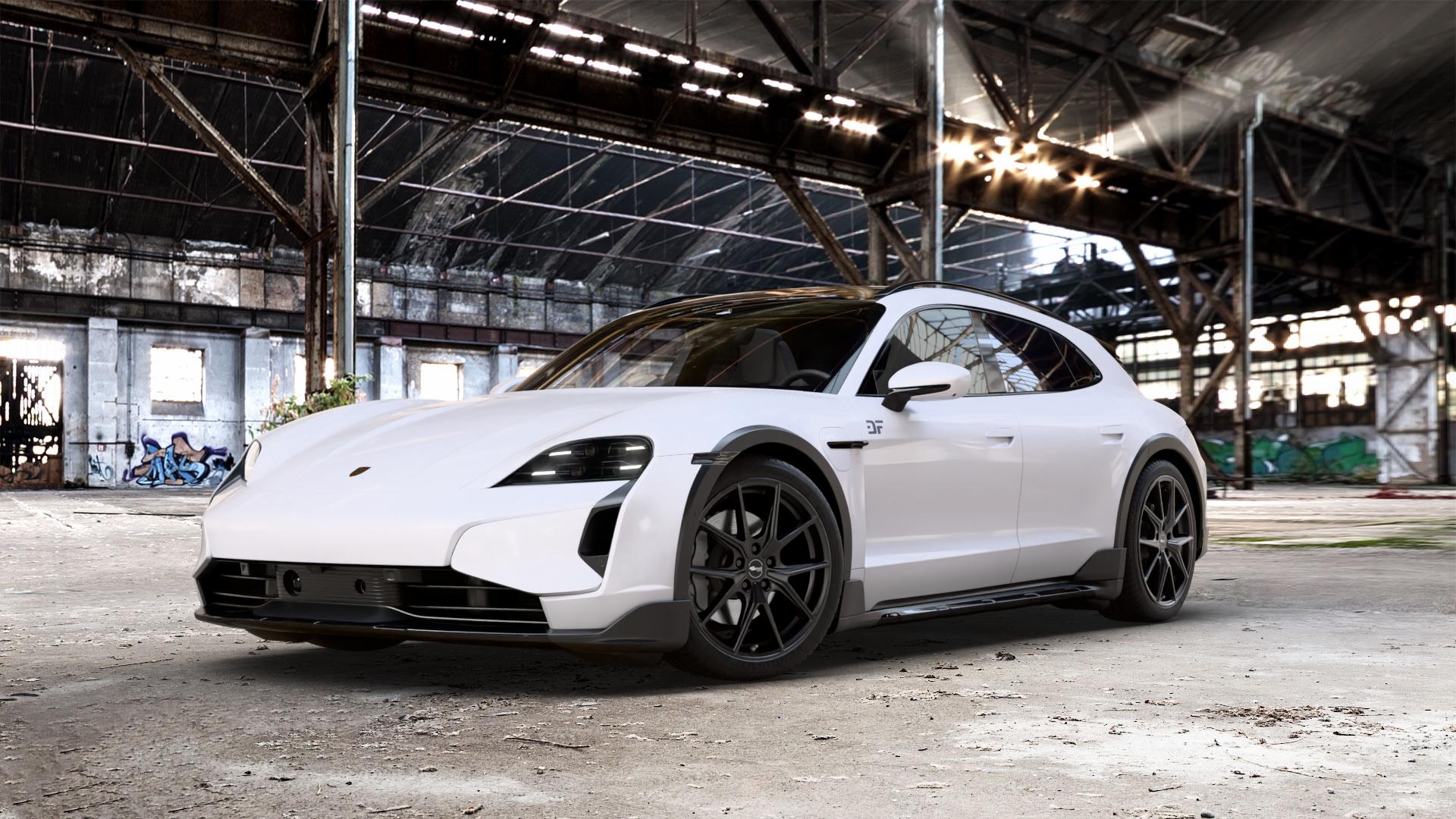 Brock B40 satin-black matt-lackiert Felge mit Reifen schwarz in 20Zoll Winterfelge Alufelge auf weissem Porsche Taycan Cross Turismo Typ Y1A Facelift ⬇️ mit 15mm Tieferlegung ⬇️ Old Industrial Hall_max_5300mm_2024 Frontansicht_1