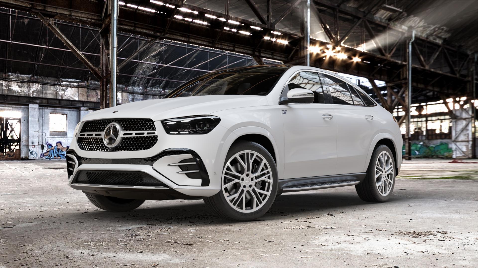 Brock B41 ferric-grey lackiert Felge mit Reifen grau in 21Zoll Winterfelge Alufelge auf weissem Mercedes GLE-Klasse Coupe Typ V167 (H1GLE) Facelift ⬇️ mit 15mm Tieferlegung ⬇️ Old Industrial Hall_max_5300mm_2024 Frontansicht_1