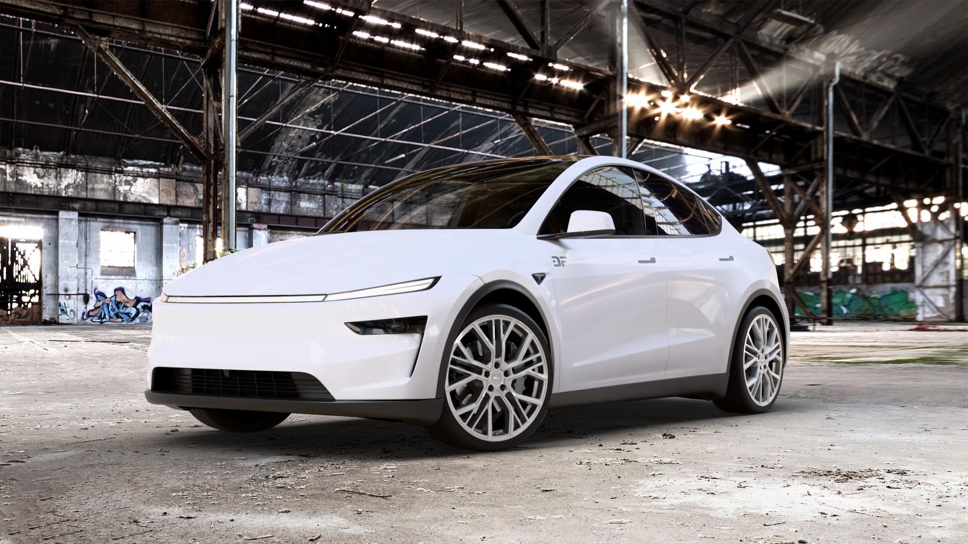 Brock B41 ferric-grey lackiert Felge mit Reifen grau in 21Zoll Winterfelge Alufelge auf weissem Tesla Model Y Typ 003 Juniper Facelift 003/005 ⬇️ mit 15mm Tieferlegung ⬇️ Old Industrial Hall_max_5300mm_2024 Frontansicht_1
