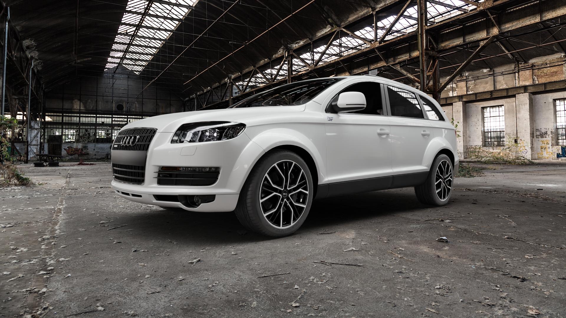 Brock B41 schwarz front-poliert Felge mit Reifen silber mehrfarbig in 20Zoll Winterfelge Alufelge auf weissem Audi Q7 I Typ 4L ⬇️ mit 15mm Tieferlegung ⬇️ Old Industrial Hall_max5000mm_2022 Frontansicht_1
