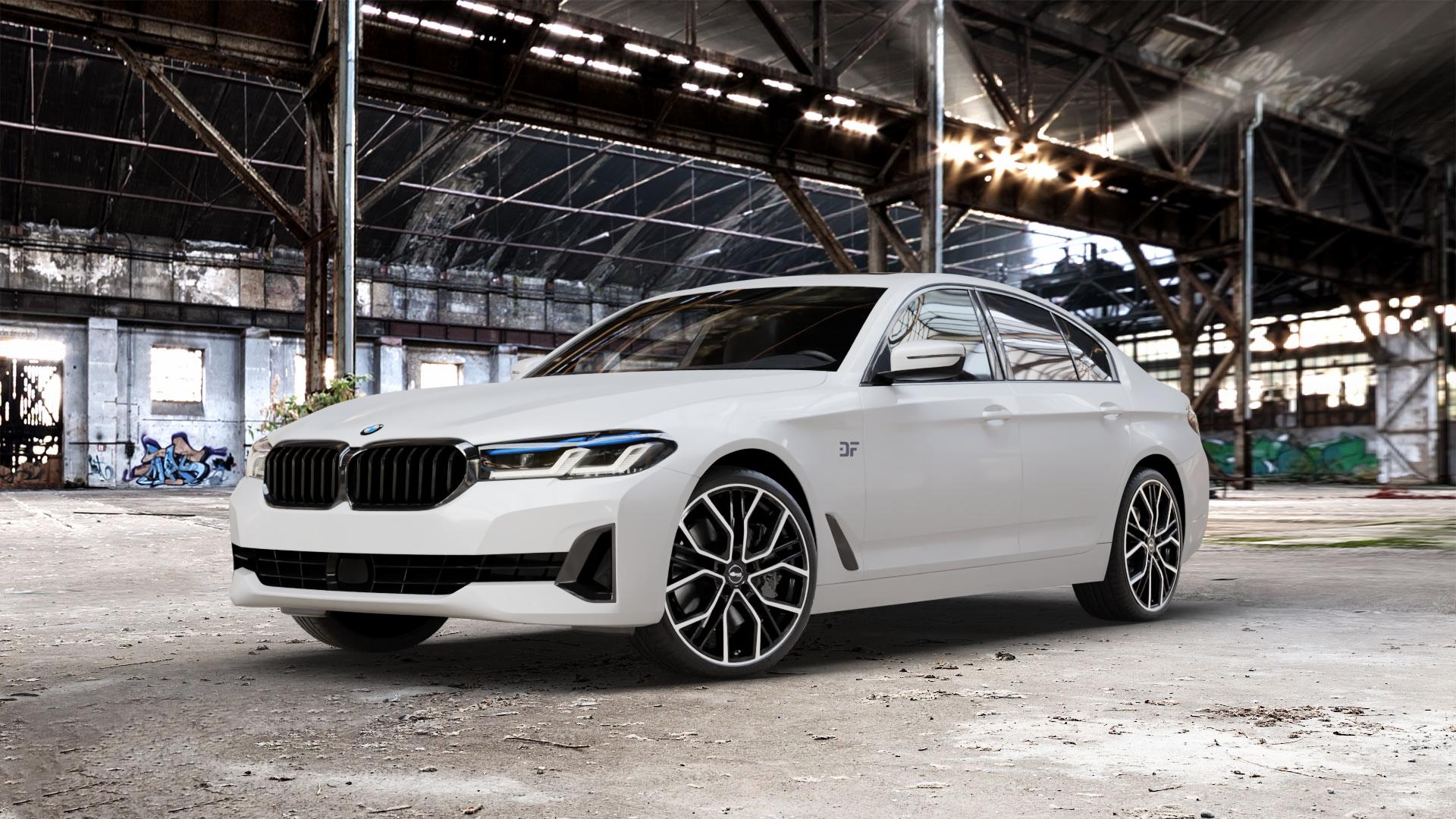 Brock B41 schwarz front-poliert Felge mit Reifen silber mehrfarbig in 20Zoll Winterfelge Alufelge auf weissem BMW 5er G30 Limousine (G5L) Facelift ⬇️ mit 15mm Tieferlegung ⬇️ Old Industrial Hall_max_5300mm_2024 Frontansicht_1