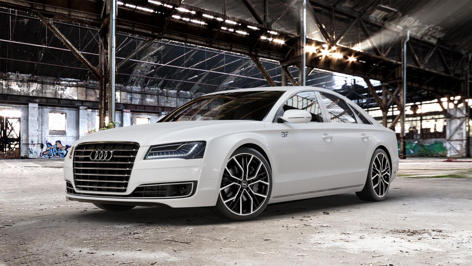 Brock B41 schwarz front-poliert Felge mit Reifen silber mehrfarbig in 21Zoll Winterfelge Alufelge auf weissem Audi A8 Typ D4/4H Facelift ⬇️ mit 15mm Tieferlegung ⬇️ Old Industrial Hall_max_5300mm_2024 Frontansicht_1