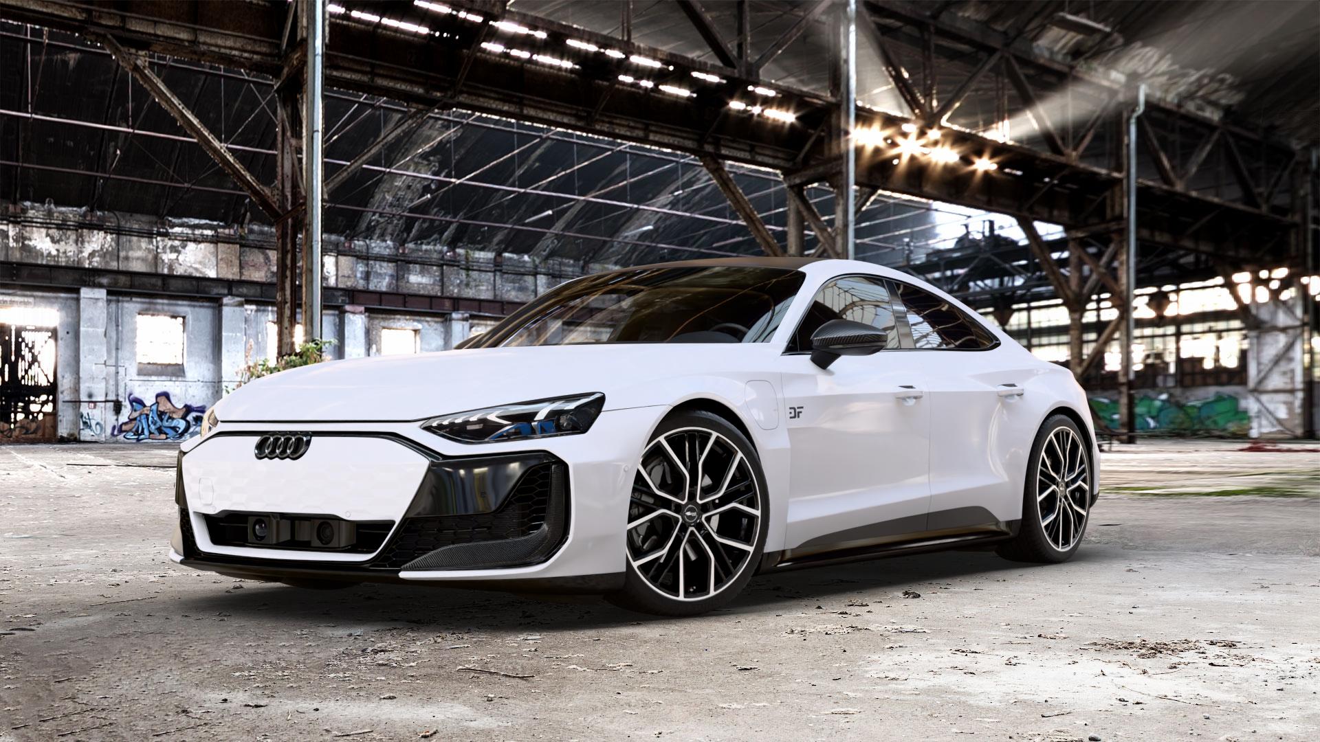 Brock B41 schwarz front-poliert Felge mit Reifen silber mehrfarbig in 21Zoll Winterfelge Alufelge auf weissem Audi RS E-Tron GT Performance Typ FW e-tron ⬇️ mit 15mm Tieferlegung ⬇️ Old Industrial Hall_max_5300mm_2024 Frontansicht_1