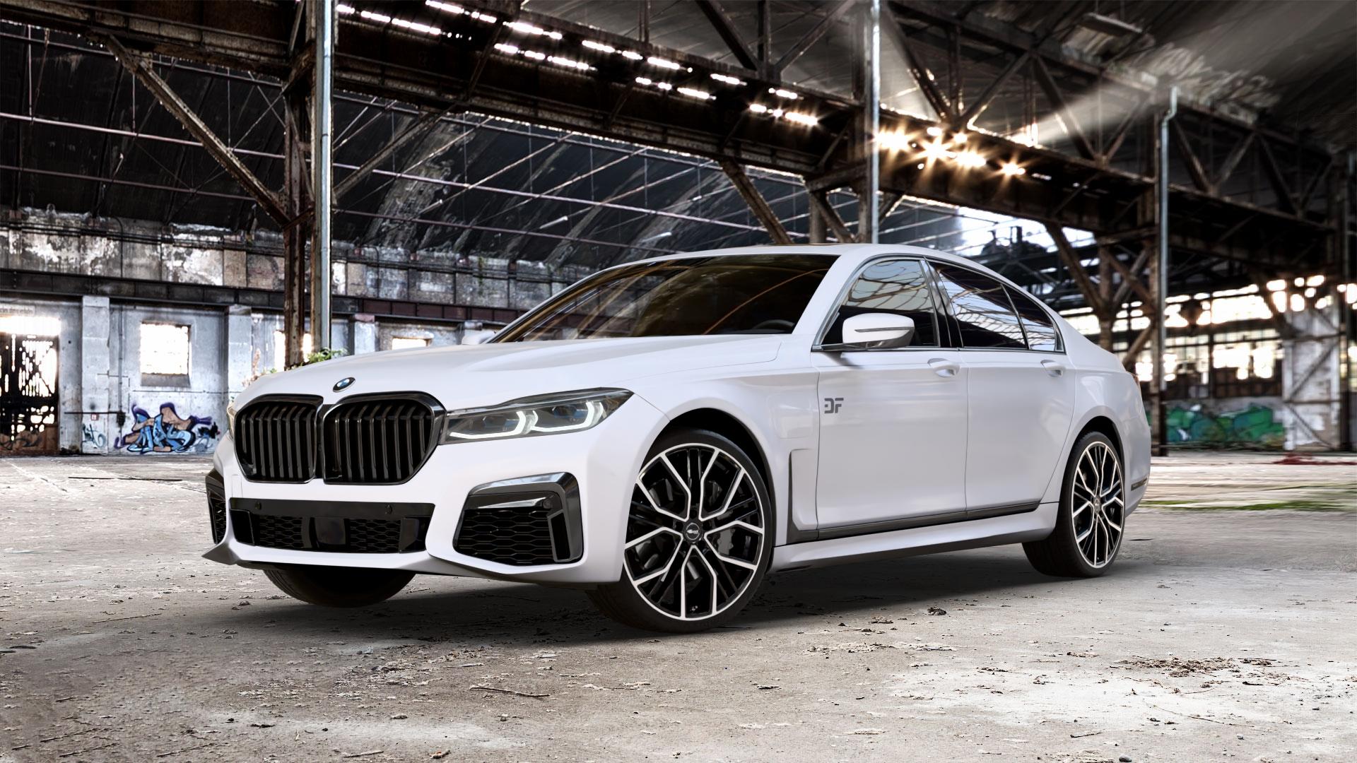 Brock B41 schwarz front-poliert Felge mit Reifen silber mehrfarbig in 21Zoll Winterfelge Alufelge auf weissem BMW 730i Typ G11 Facelift 740i 745e 750i xDrive 7er Limousine (7L) ⬇️ mit 15mm Tieferlegung ⬇️ Old Industrial Hall_max_5300mm_2024 Frontansicht_1