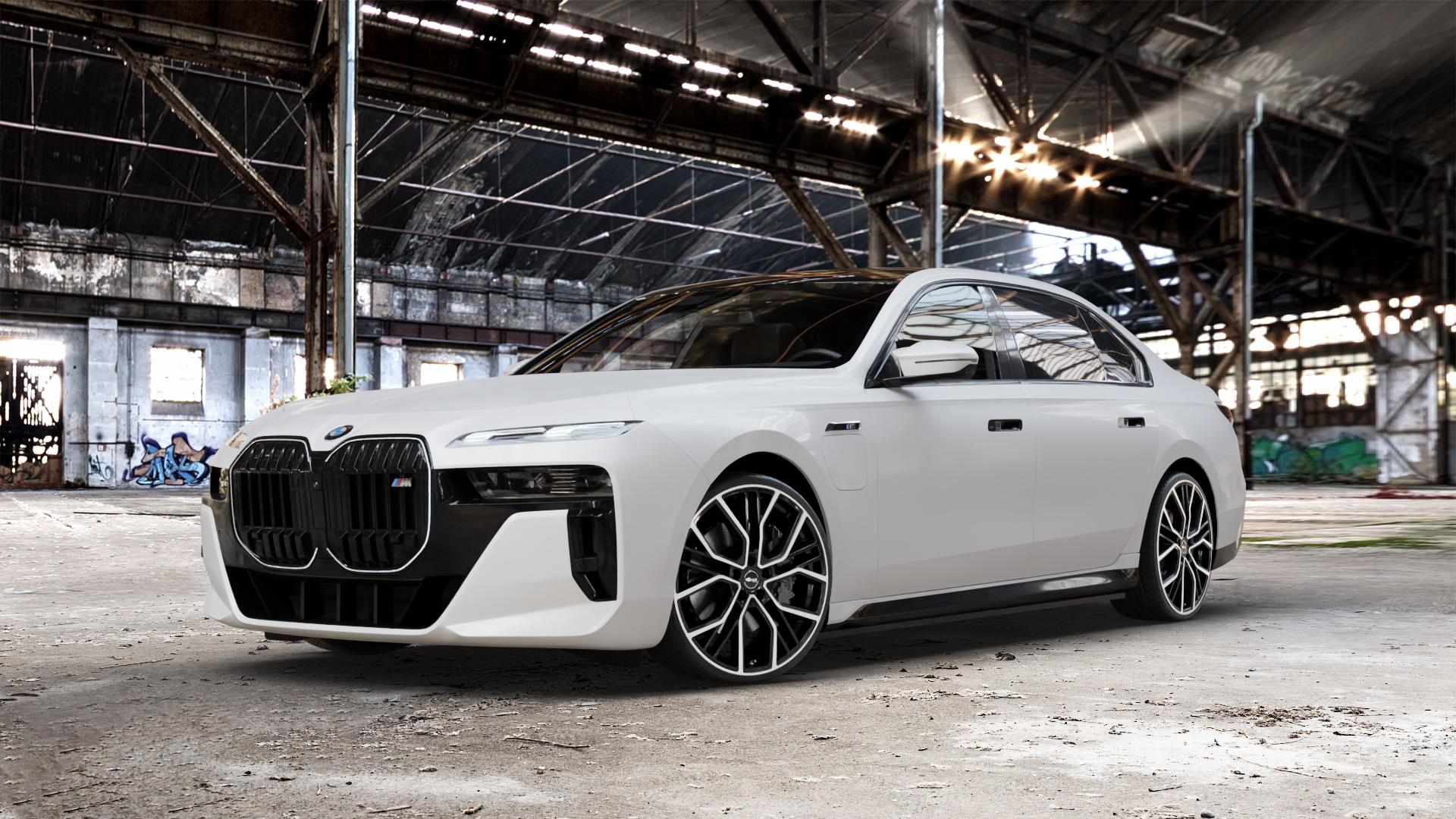 Brock B41 schwarz front-poliert Felge mit Reifen silber mehrfarbig in 21Zoll Winterfelge Alufelge auf weissem BMW M760e xDrive Typ G70 ⬇️ mit 15mm Tieferlegung ⬇️ Old Industrial Hall_max_5300mm_2024 Frontansicht_1