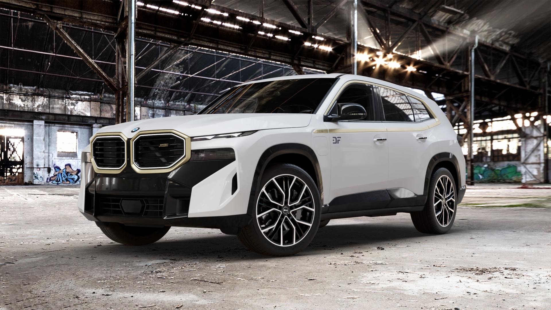 Brock B41 schwarz front-poliert Felge mit Reifen silber mehrfarbig in 21Zoll Winterfelge Alufelge auf weissem BMW XM Typ G09 (F56XM) 4,4l 360kW Hybrid (489 PS) ⬇️ mit 15mm Tieferlegung ⬇️ Old Industrial Hall_max_5300mm_2024 Frontansicht_1
