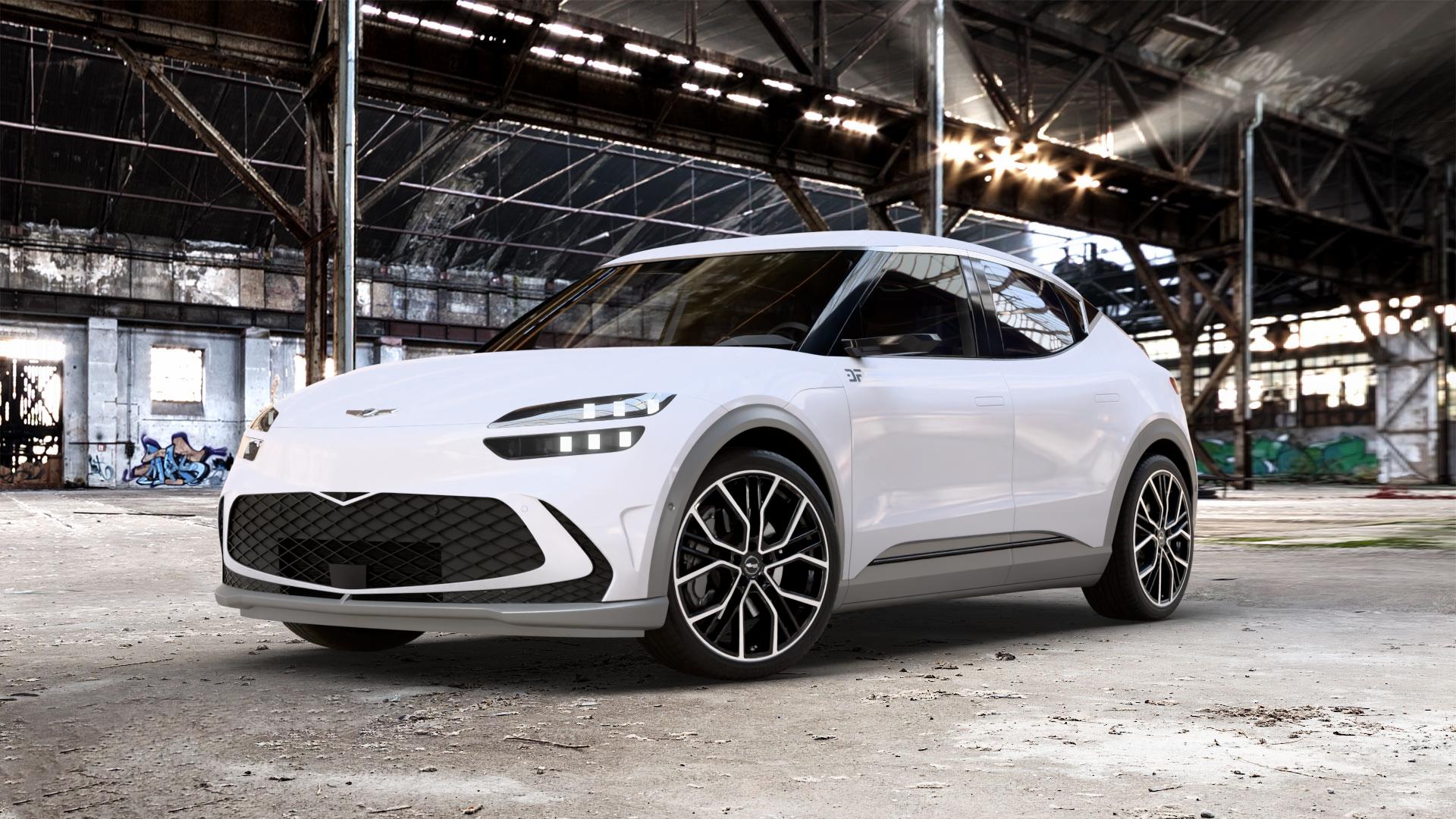 Brock B41 schwarz front-poliert Felge mit Reifen silber mehrfarbig in 21Zoll Winterfelge Alufelge auf weissem Genesis GV60 Typ JW 0,0l 78kW AWD (106 PS) Performance 120kW (163 56kW (76 ⬇️ mit 15mm Tieferlegung ⬇️ Old Industrial Hall_max_5300mm_2024 Frontansicht_1