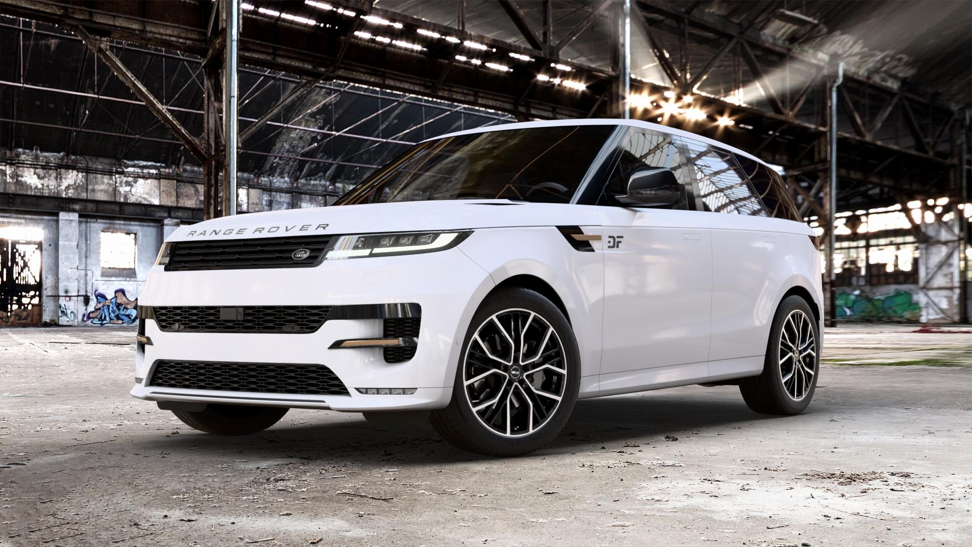Brock B41 schwarz front-poliert Felge mit Reifen silber mehrfarbig in 21Zoll Winterfelge Alufelge auf weissem Land Rover Range Sport Typ LS LW Facelift L1 ⬇️ mit 15mm Tieferlegung ⬇️ Old Industrial Hall_max_5300mm_2024 Frontansicht_1
