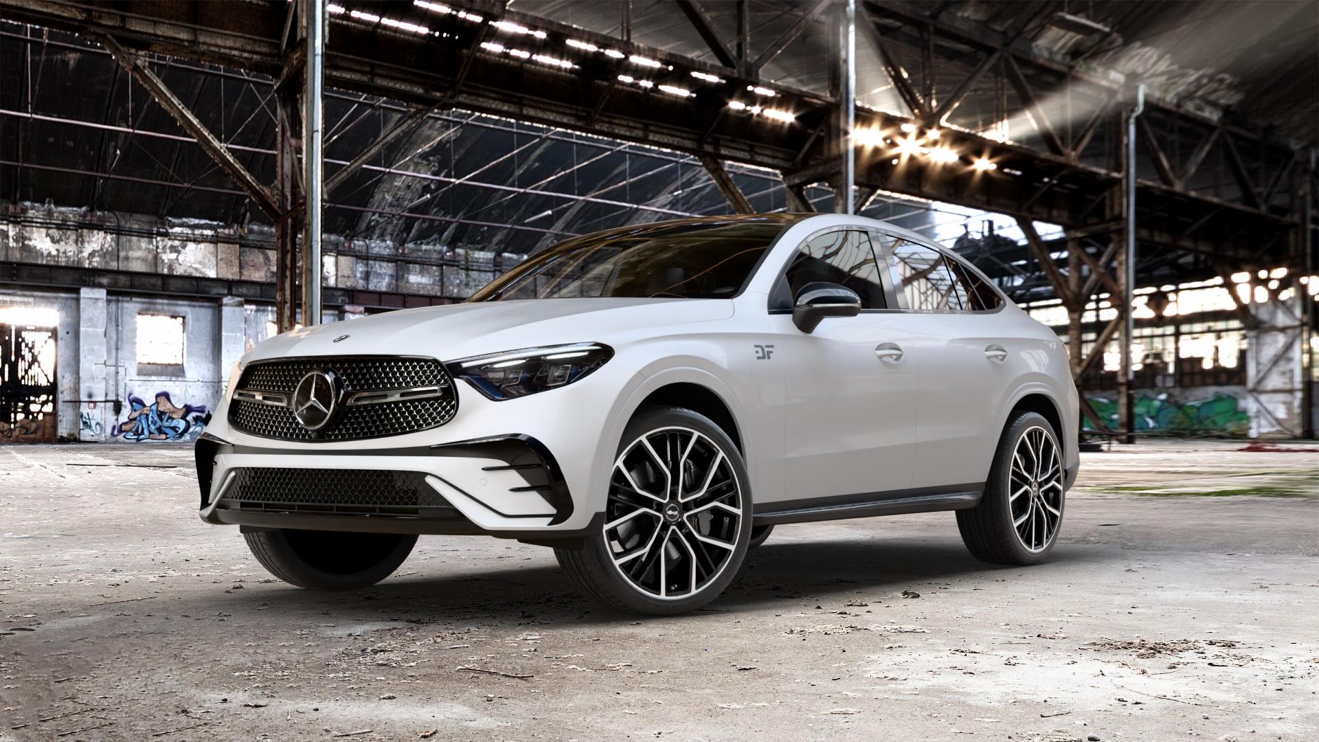 Brock B41 schwarz front-poliert Felge mit Reifen silber mehrfarbig in 21Zoll Winterfelge Alufelge auf weissem Mercedes GLC-Klasse Coupe Typ C254 ⬇️ mit 15mm Tieferlegung ⬇️ Old Industrial Hall_max_5300mm_2024 Frontansicht_1
