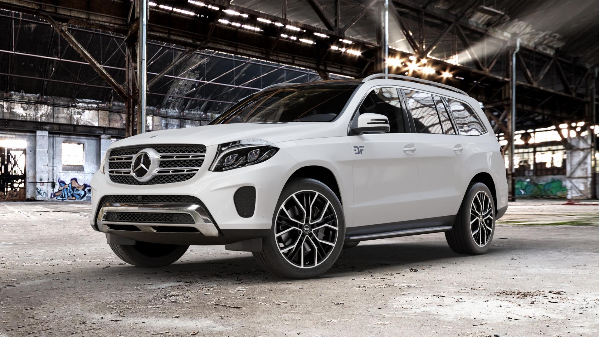 Brock B41 schwarz front-poliert Felge mit Reifen silber mehrfarbig in 21Zoll Winterfelge Alufelge auf weissem Mercedes GLS-Klasse Typ 166 3,0l 350 D 4Matic 190kW (258 PS) 400 245kW (333 4,7l 500 335kW (455 5,5l 63 AMG 4-Matic 430kW (585 ⬇️ mit 15mm Tieferlegung ⬇️ Old Industrial Hall_max_5300mm_2024 Frontansicht_1