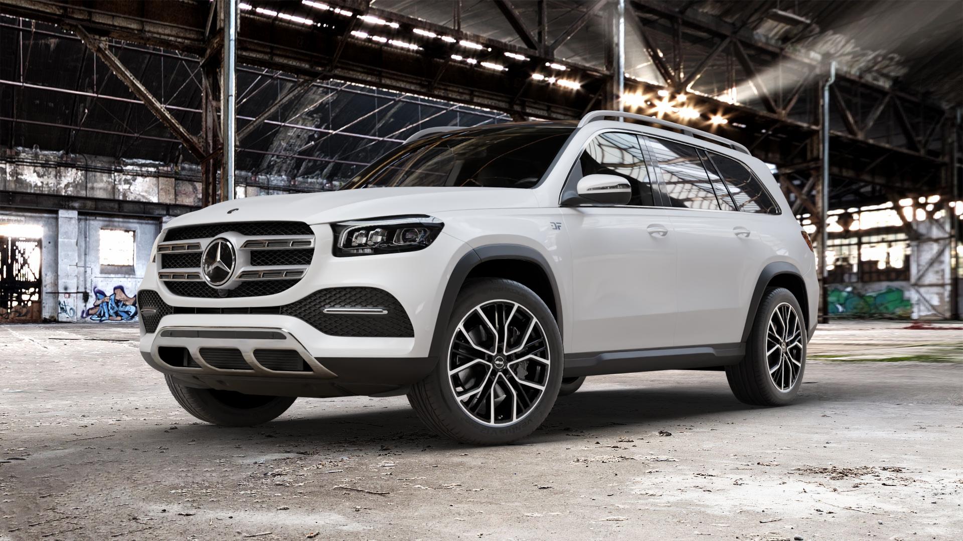 Brock B41 schwarz front-poliert Felge mit Reifen silber mehrfarbig in 21Zoll Winterfelge Alufelge auf weissem Mercedes GLS-Klasse Typ 167 (H1GLE) 2,9l 350 d 4Matic 210kW (286 PS) 400 243kW (330 4,0l 580 360kW Mild-Hybrid (489 ⬇️ mit 15mm Tieferlegung ⬇️ Old Industrial Hall_max_5300mm_2024 Frontansicht_1
