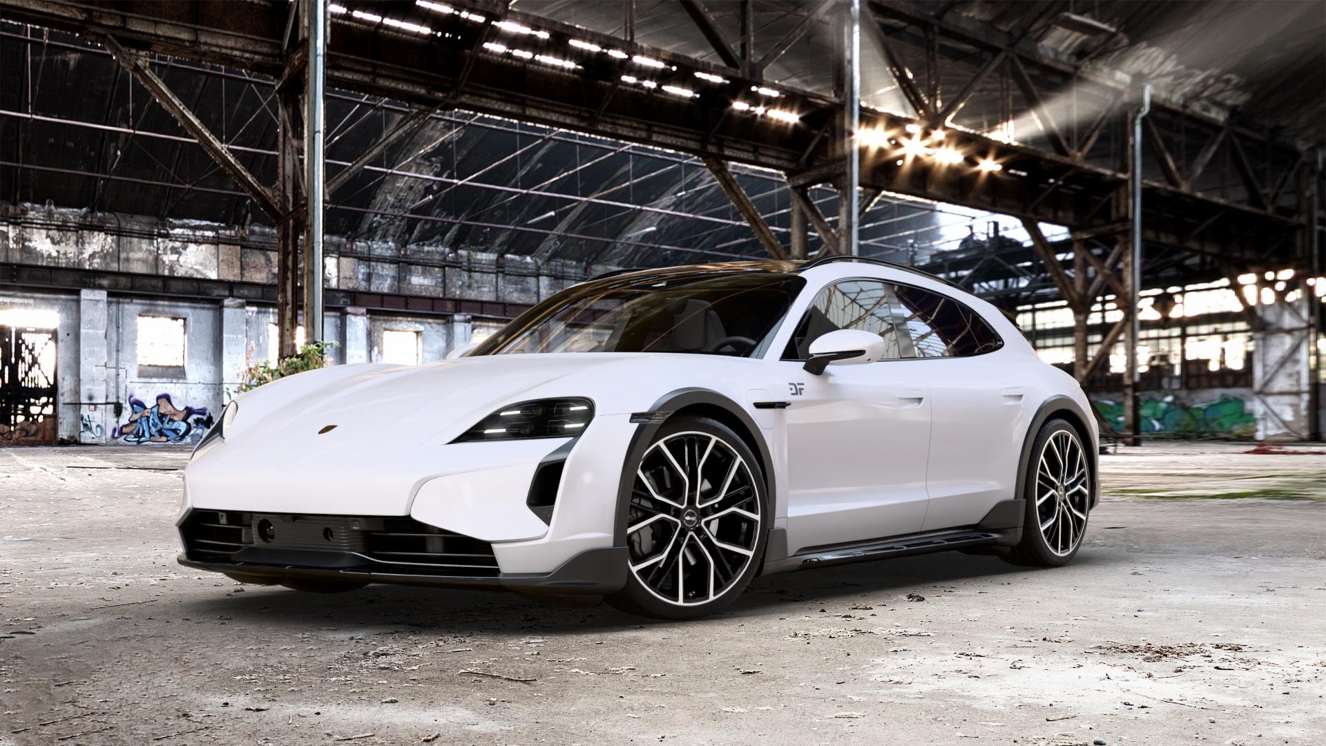 Brock B41 schwarz front-poliert Felge mit Reifen silber mehrfarbig in 21Zoll Winterfelge Alufelge auf weissem Porsche Taycan Cross Turismo Typ Y1A Facelift ⬇️ mit 15mm Tieferlegung ⬇️ Old Industrial Hall_max_5300mm_2024 Frontansicht_1