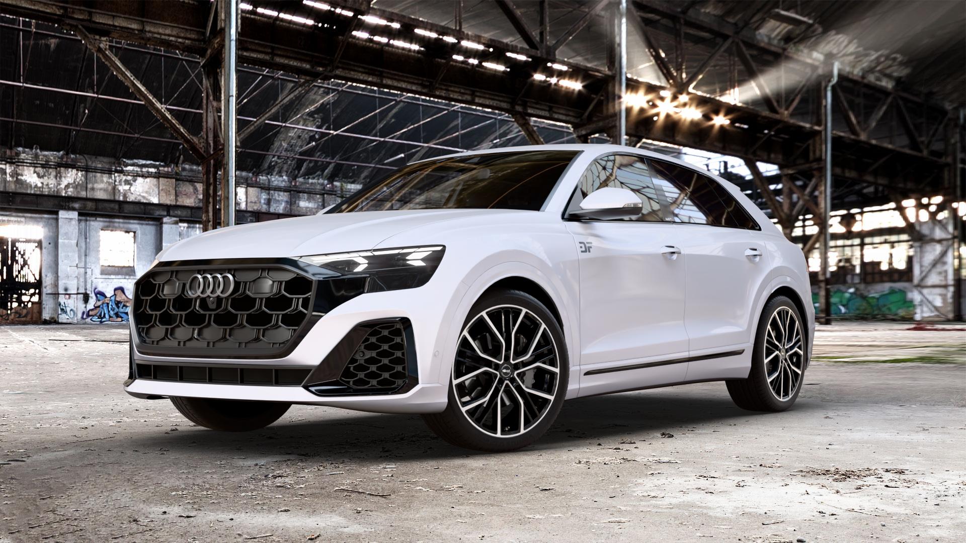 Brock B41 schwarz front-poliert Felge mit Reifen silber mehrfarbig in 22Zoll Winterfelge Alufelge auf weißem Audi Q8 Typ 4M (4L) Facelift ⬇️ mit 15mm Tieferlegung ⬇️ Old Industrial Hall_max_5300mm_2024 Frontansicht_1