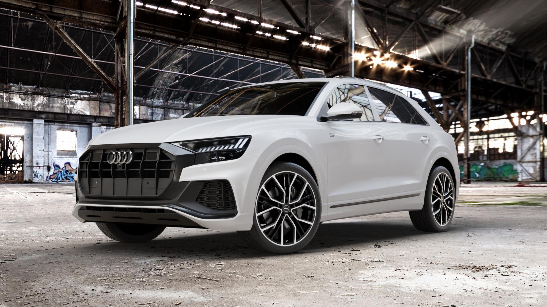 Brock B41 schwarz front-poliert Felge mit Reifen silber mehrfarbig in 22Zoll Winterfelge Alufelge auf weissem Audi Q8 Typ 4M (4L) ⬇️ mit 15mm Tieferlegung ⬇️ Old Industrial Hall_max_5300mm_2024 Frontansicht_1
